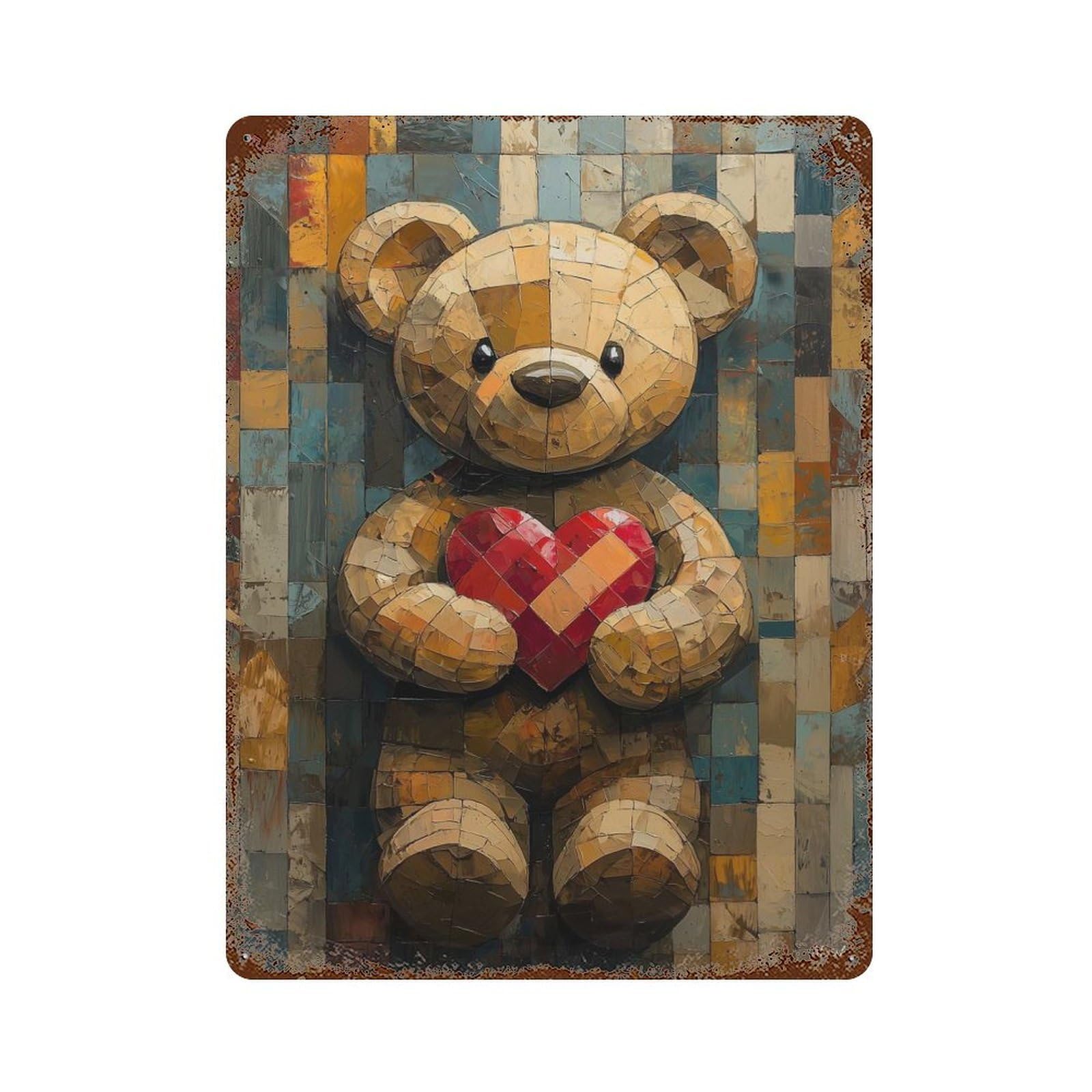 Garage Style Teddy Bear with Heart in Stained Glass Style Rusty Metal Tin Sign 15.7"x11.8", Shabby Chic Decor for Bar And Workshop
