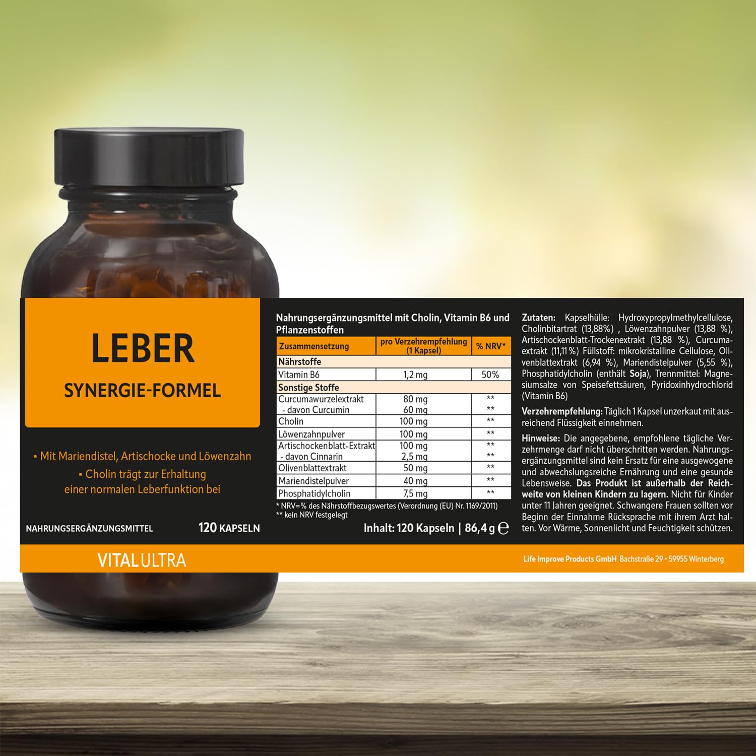 Vital Ultra Leber Synergie-Formel – mit Cholin zur Unterstützung von Leberfunktion und Fettstoffwechsel* sowie Vitamin B6, Mariendistel, Curcumin und wertvollen Pflanzenstoffen – 120 vegane Kapseln