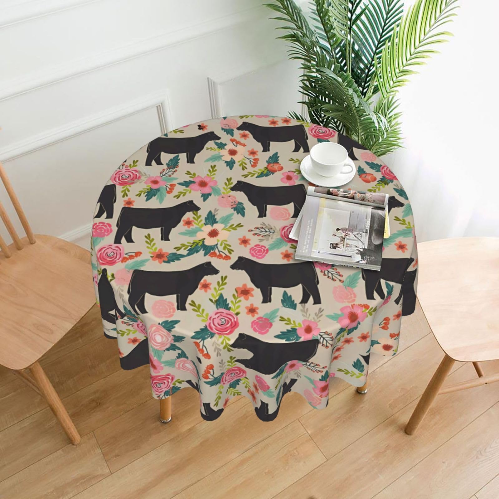 HJFCZH Flower cow Prints Round Decorative Tablecloth 60in - High-Grade Polyester Throw for Dinners, Weddings & Everyday Use