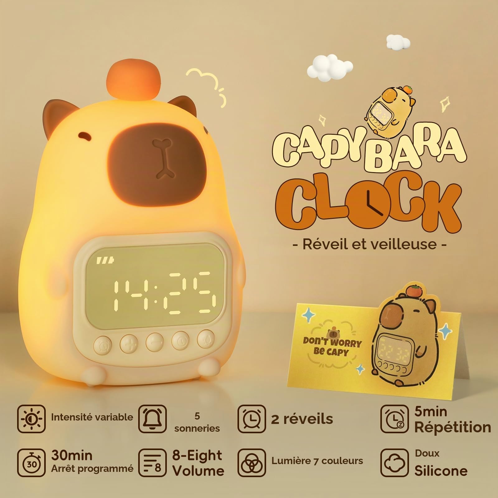 Yiliaw Capybara Réveil avec veilleuse pour enfants, 7 couleurs RVB - Réveil mignon pour chambre à coucher, réveil - Lampe de table en silicone en forme d'animal pour adolescents, filles, garçons