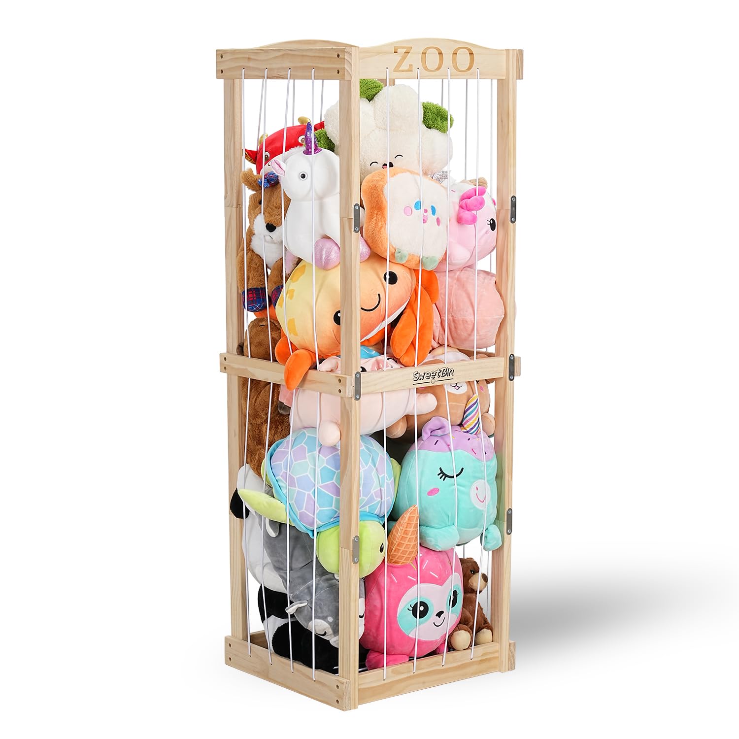 Stuffed Animal Storage & Organizer, Wooden Kids Zoo Stuffed Animal Holder Cute Toy Storage Cage with Elastic Band, Extra Large Plushies Storage Gift for Nursery Playroom Bedroom