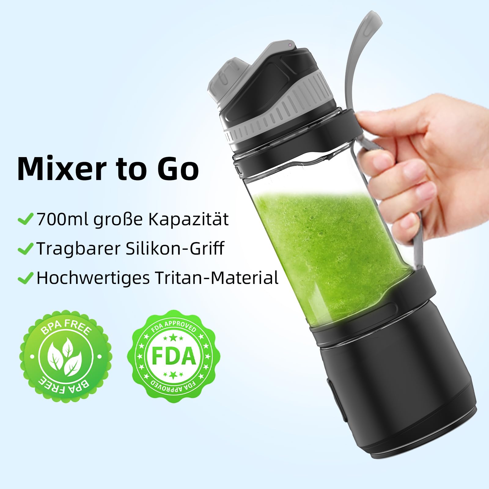 DENOKIN Tragbarer Mixer, 700ml Smoothie Maker to Go, Mini-Standmixer mit 6-Klingen Edelstahl, Wiederaufladbarem Typ-C Portable Blender mit Reisedeckel, BPA-freie, Blade-Reversal-Technologie