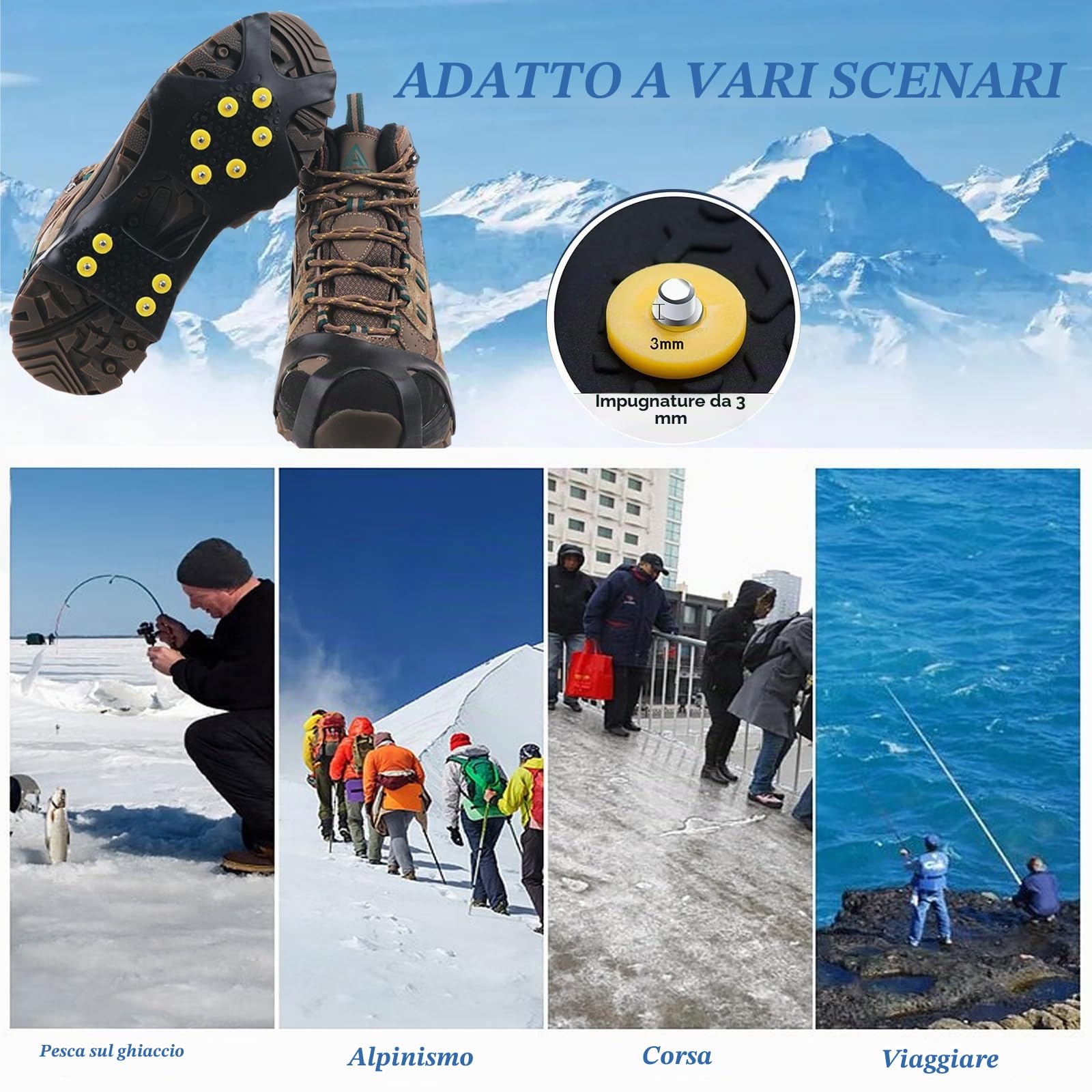 Ramponi per Scarponi,Ramponcini da Ghiaccio Antiscivolo,Neve Ghiaccio Ramponi Tacchetti Spikes per Scarponi da Alpinismo,Scarpe per Ghiaccio Trazione e Outdoor Sci in Inverno 34-47