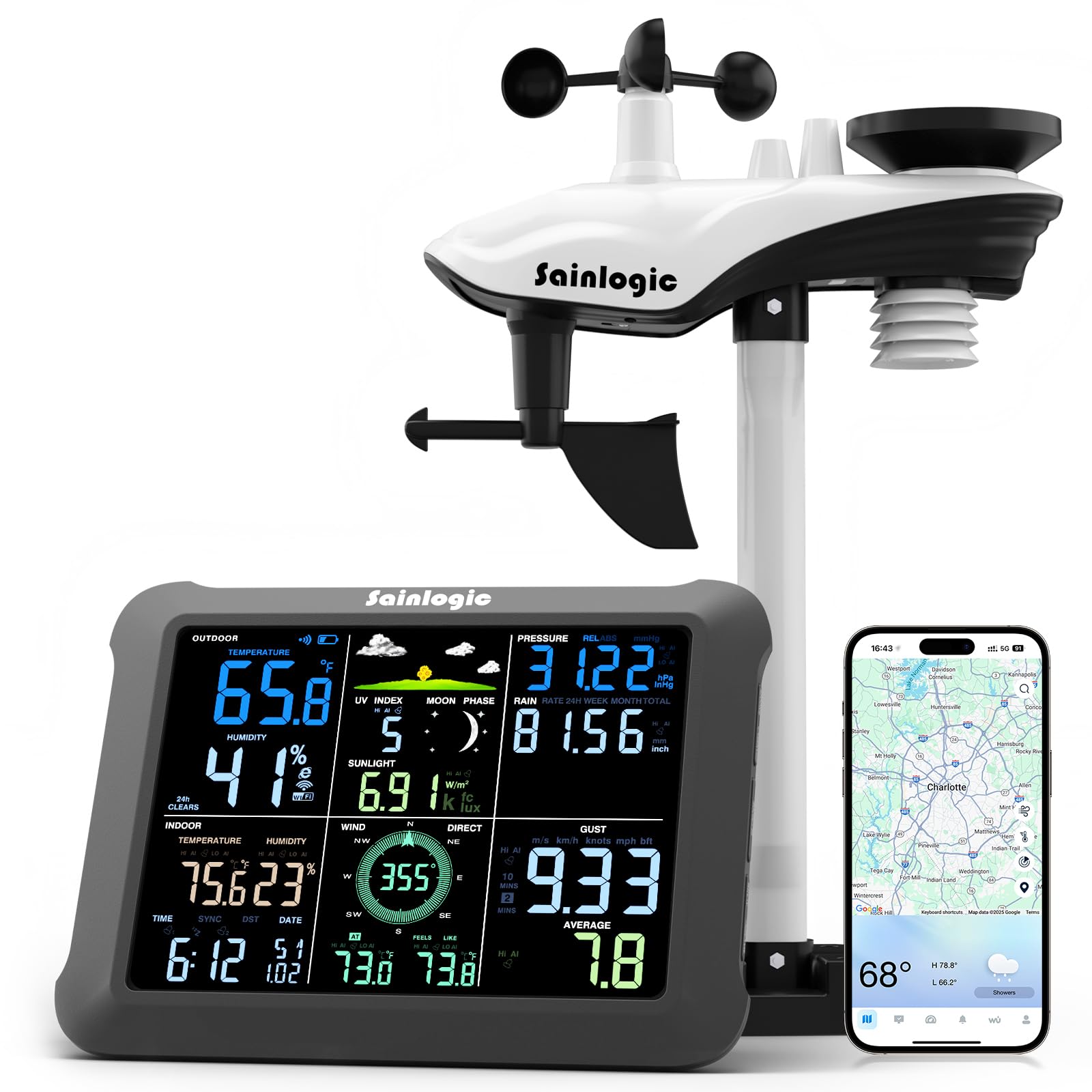 Sainlogic SA9 display unit next to a smartphone showing the weather station app with instant alert notifications for temperature and pressure.