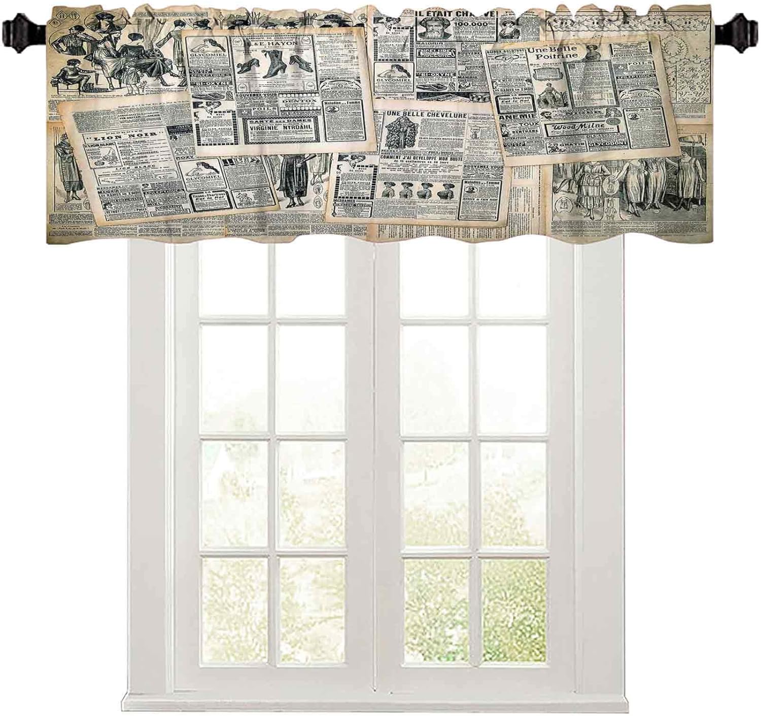 Valance Curtains, 50" W x 18" L Vintage Style Sepia Toned Newspaper Print with Old Fashioned Illustrations Windows Rod Pocket for Living Room Dark Green Beige