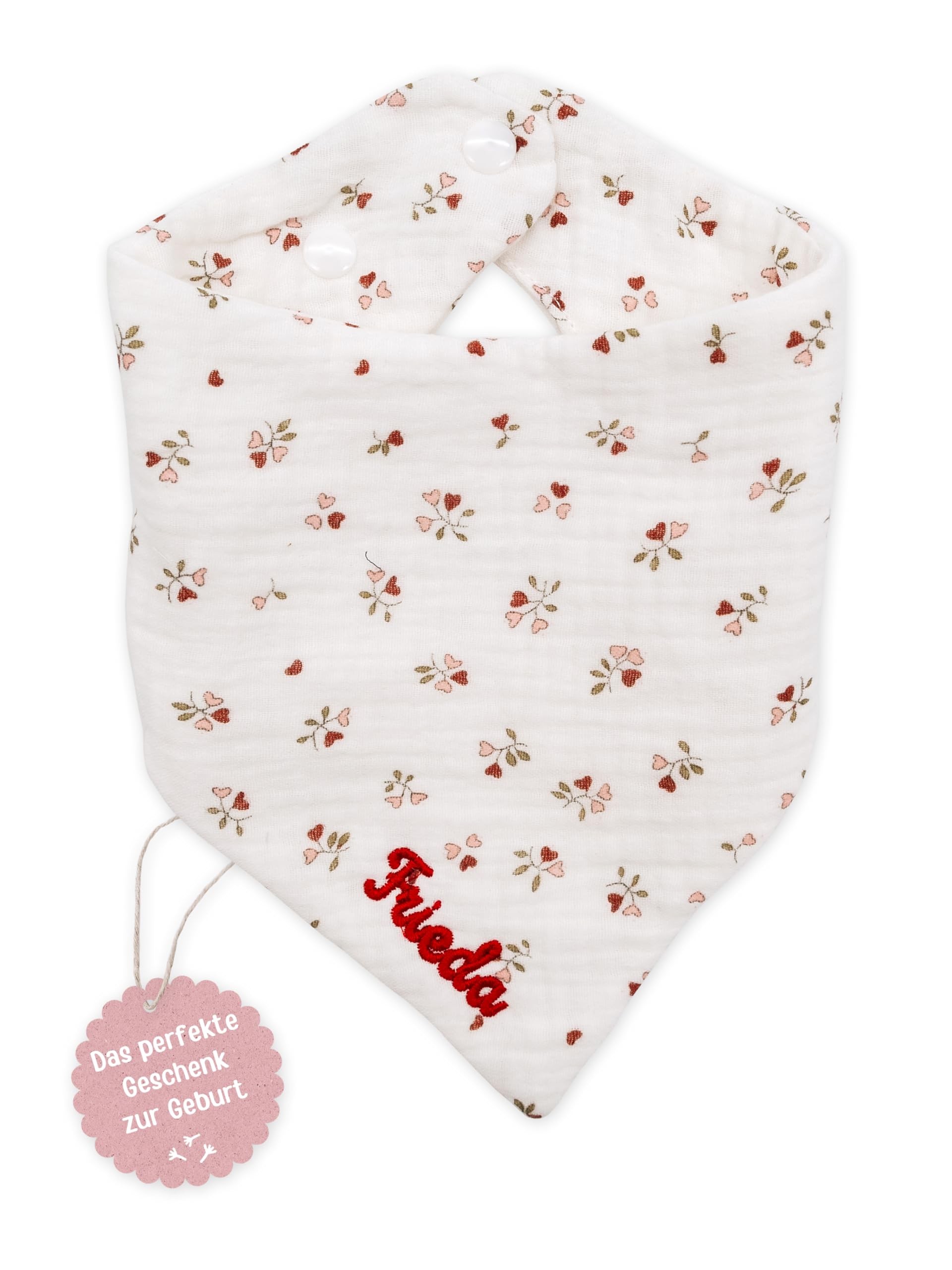 wunderwunsch Baby Halstuch, Babygeschenk, Geschenk zur Geburt, Dreieckstuch Kinder, Taufgeschenk personalisiert mit deinem Wunschnamen in 8 süßen Designs (Herz Blumen)