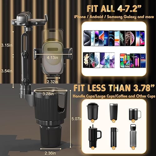 Miniatura 4 de Phone Holders for Your Car, 2 in 1 Universal Cup Holder Expander Adjustable Base with Phone Mount, Long Arm with 360°Rotation Cup Holder Phones