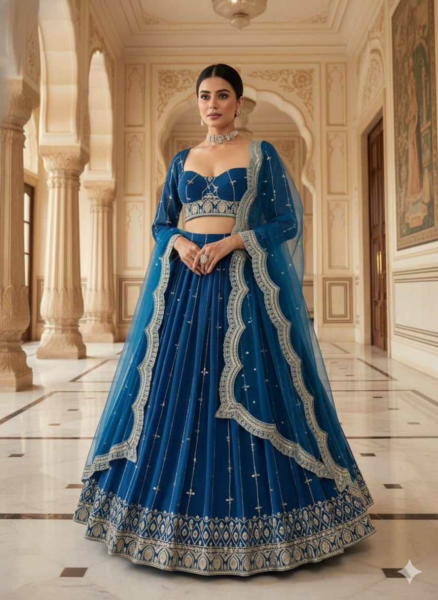 Women's Royal Blue Lehenga Choli with Dupatta,Traditional Indian Wedding Outfit