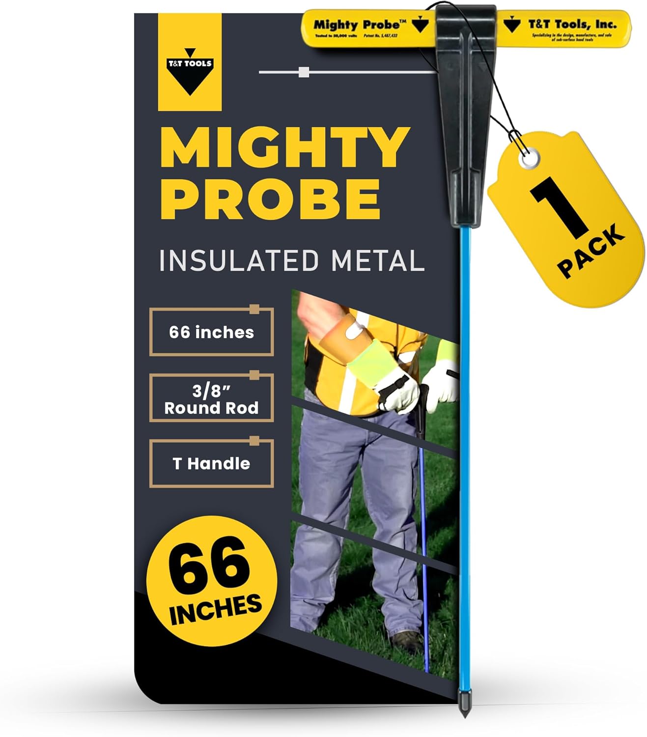 T&T Tools 66-Inch Mighty Probe Insulated Metal Soil Probe  3/8" Metal Round Rod, Heavy Duty Design for Easy Penetration & Withdrawal, Soil Testing & Landscaping Tools, T-Handle, USA-Made-1 Pack