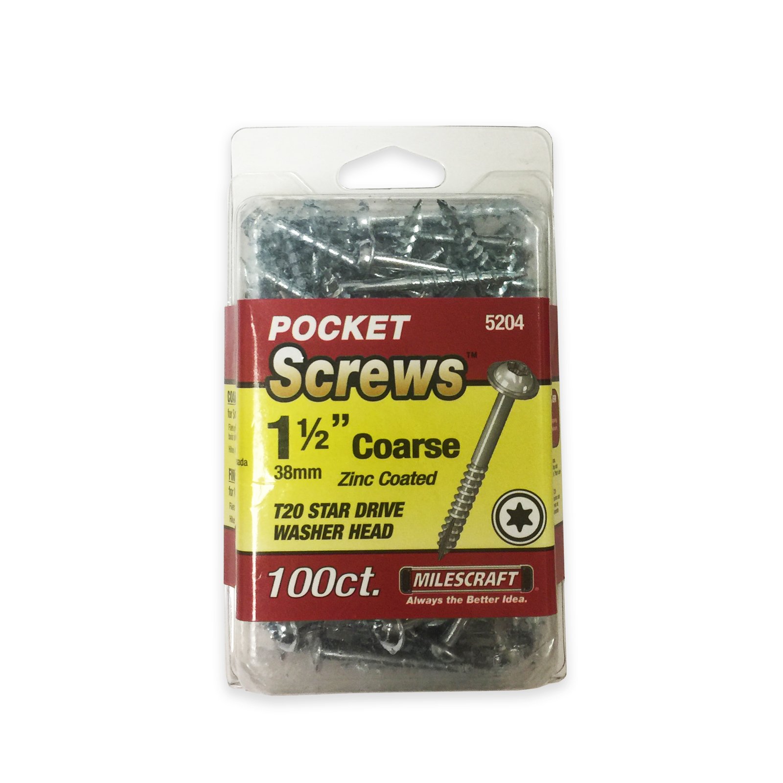 Milescraft 52040003 1.5" Pocket Screws - coarse - Includes 100, T20 Star, Washer Head Screws