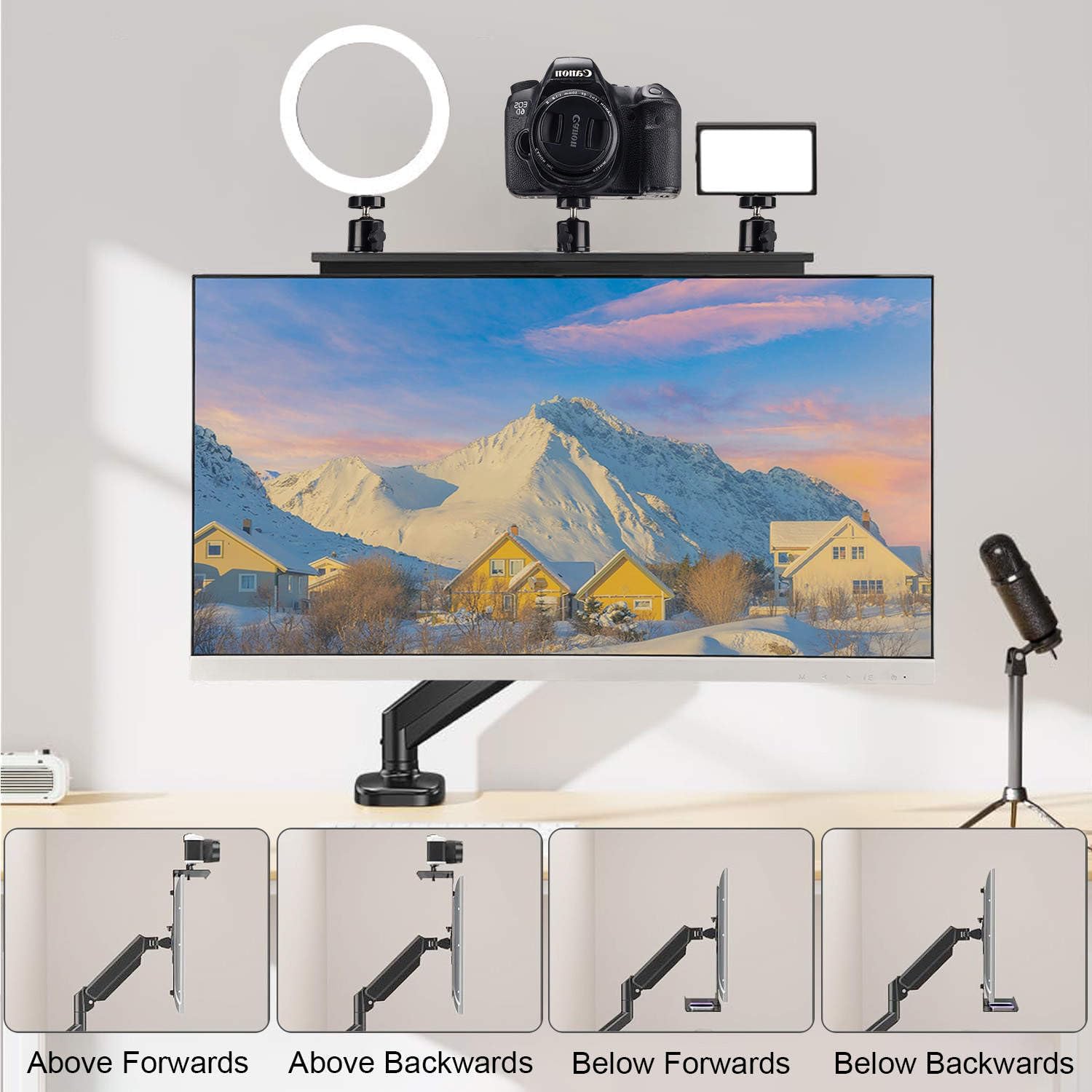 IFCASE Above/Behind Desk Monitor Shelf Mount Holds SLR Camera, Light Webcam, Microphone Fits VESA 75mm 100mm Compatible with Monitor Arm (Black, Shelf)