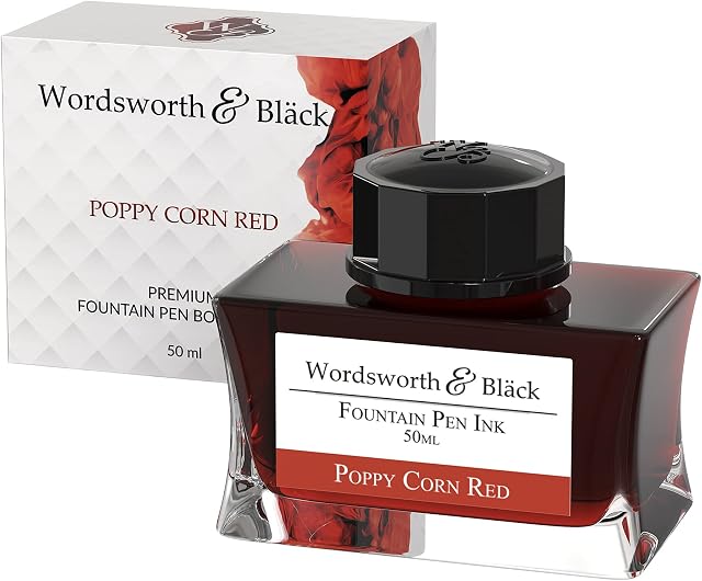 Wordsworth and Black Fountain Pen Ink Bottle (50 ml) Premium Luxury Edition, [Poppy Corn Red] Fountain Pens Bottled Ink; Classic Designed Bottle Smooth Flow 50 ml