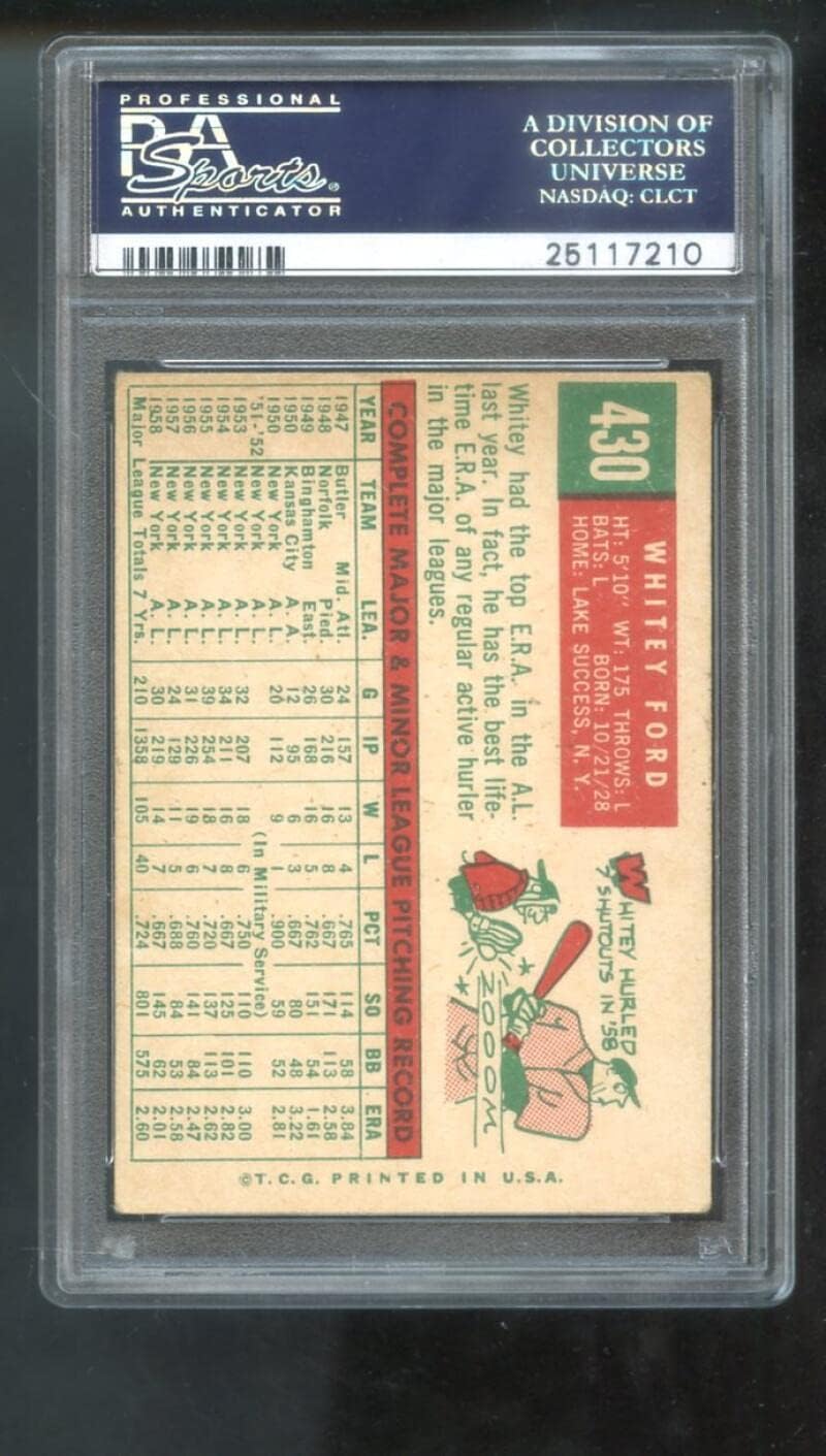 1959 Topps #430 Whitey Ford PSA 4 Graded Baseball Card MLB New York Yankees
