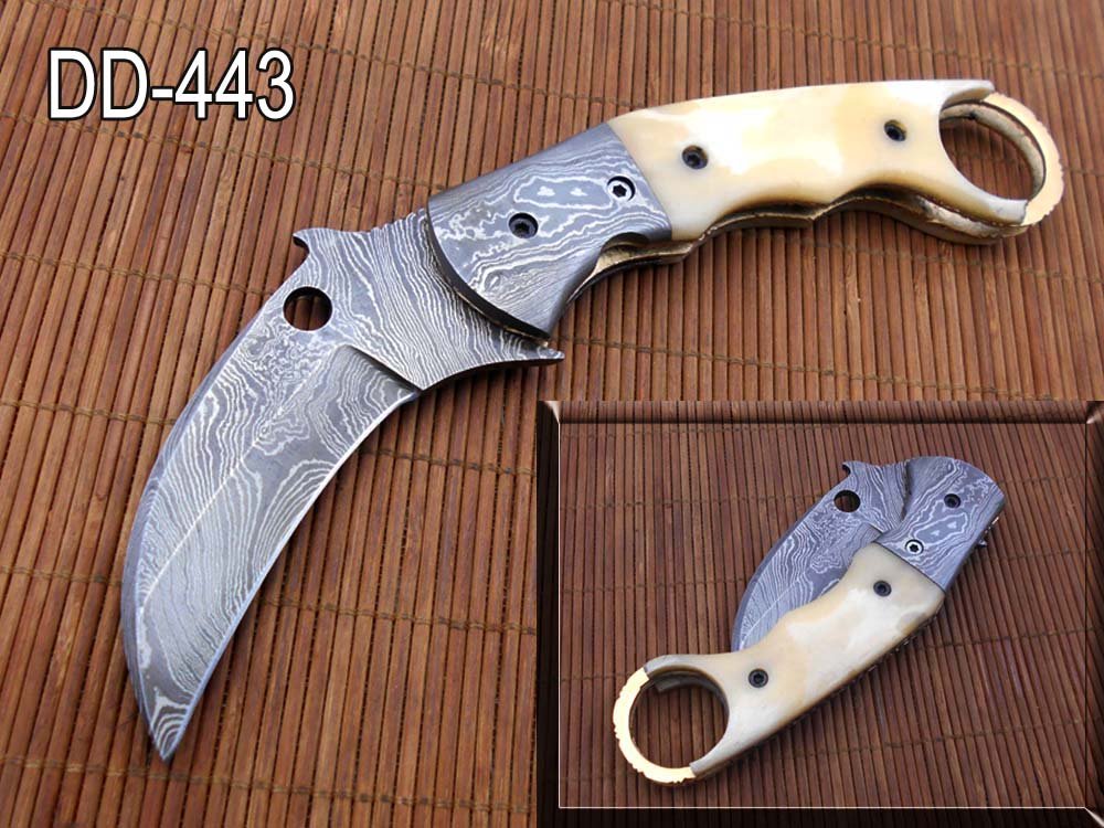 7.5" Long Folding Kukri Knife with Finger Hole, Hand Forged Damascus Steel 3.5" Blade. Available in White, Green & Blue Scale with Bolster, Cow Hide Leather Sheath