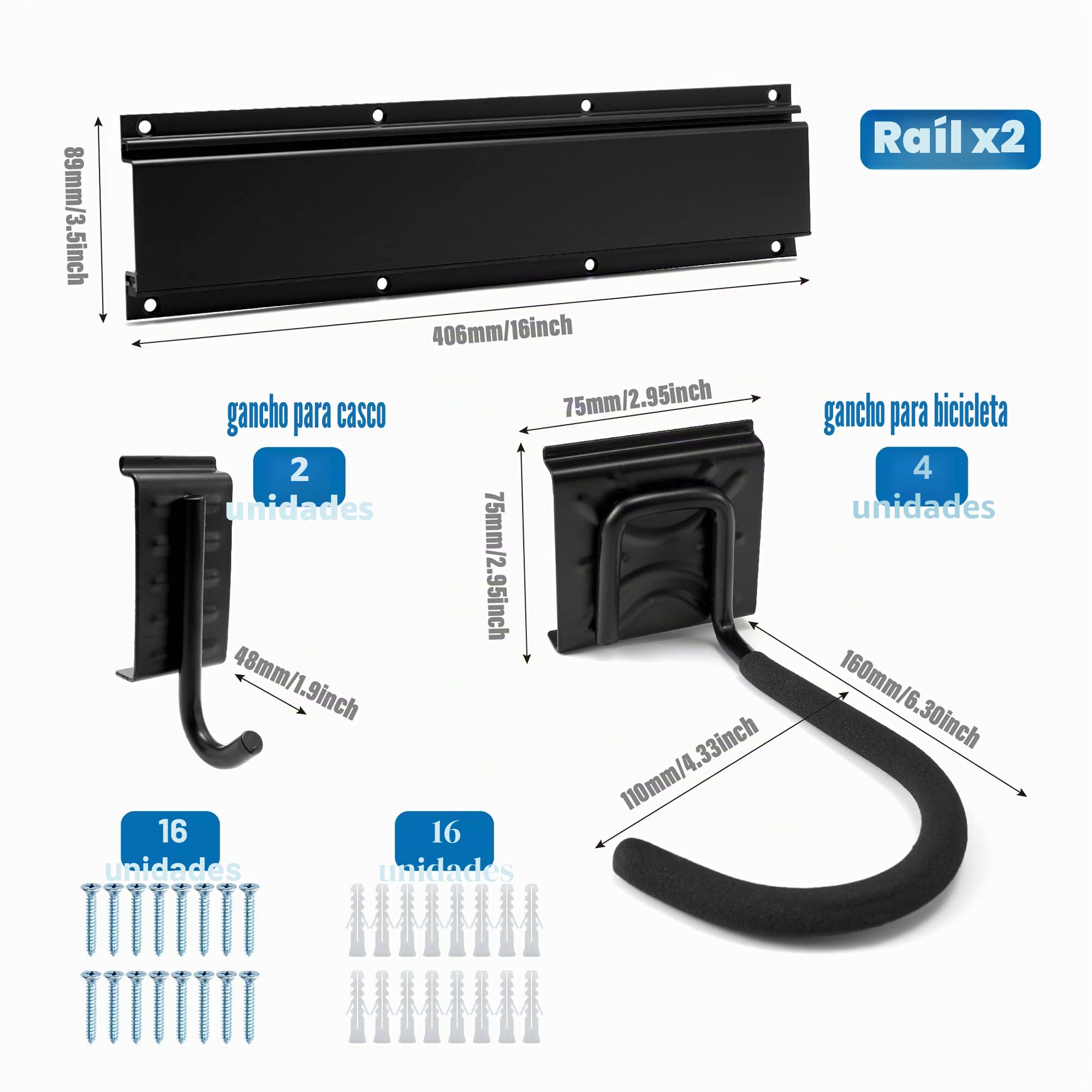 Sinoer Soporte de pared para bicicletas, soporte mural para 4 bicicletas + 2 cascos, colgador de pared resistente para bicicletas, gancho de acero macizo, 2 raíles de 16 pulgadas