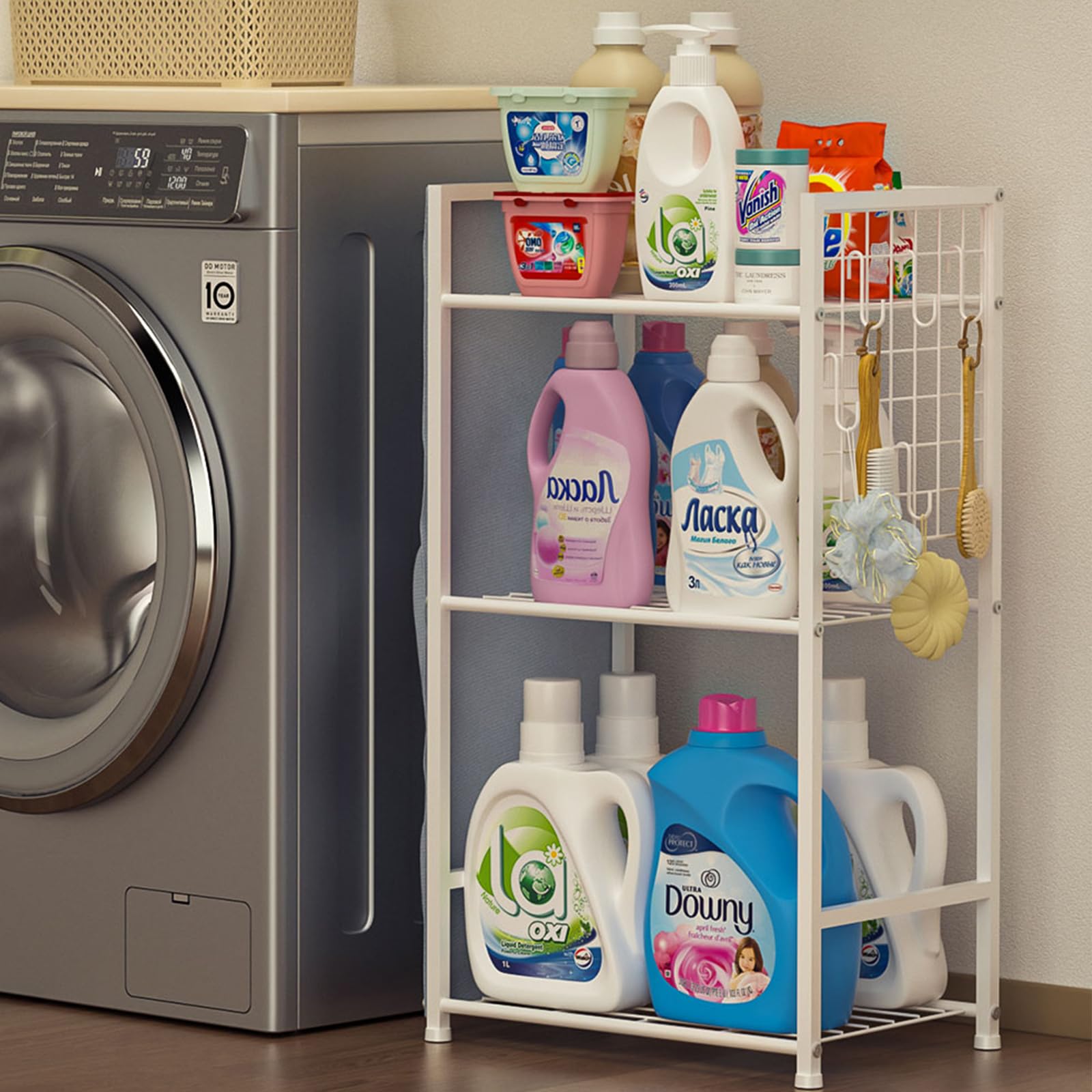 Yociyoga 3 Tier Laundry Room Shelves - Metal Shelving Unit Rack & Multifunctional Standing Shelf with Bottles Storage Bags and 5PCS Hanging Hooks for Laundry Organization and Storage