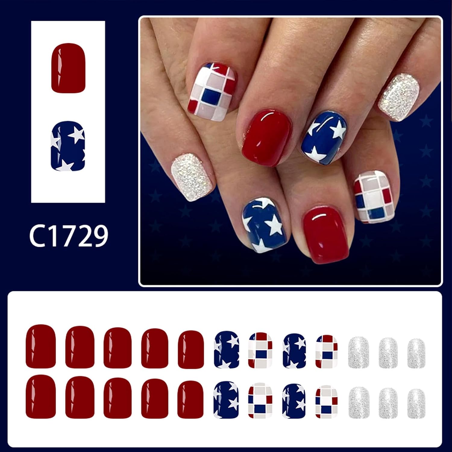 4th of July Press on Nails Short Square Fake Nails with Red White Blue Grid Stars Silver Glitter Designs Glossy Nails Press ons Fourth of July Acrylic Artificial Stick on Nails for Women 24Pcs