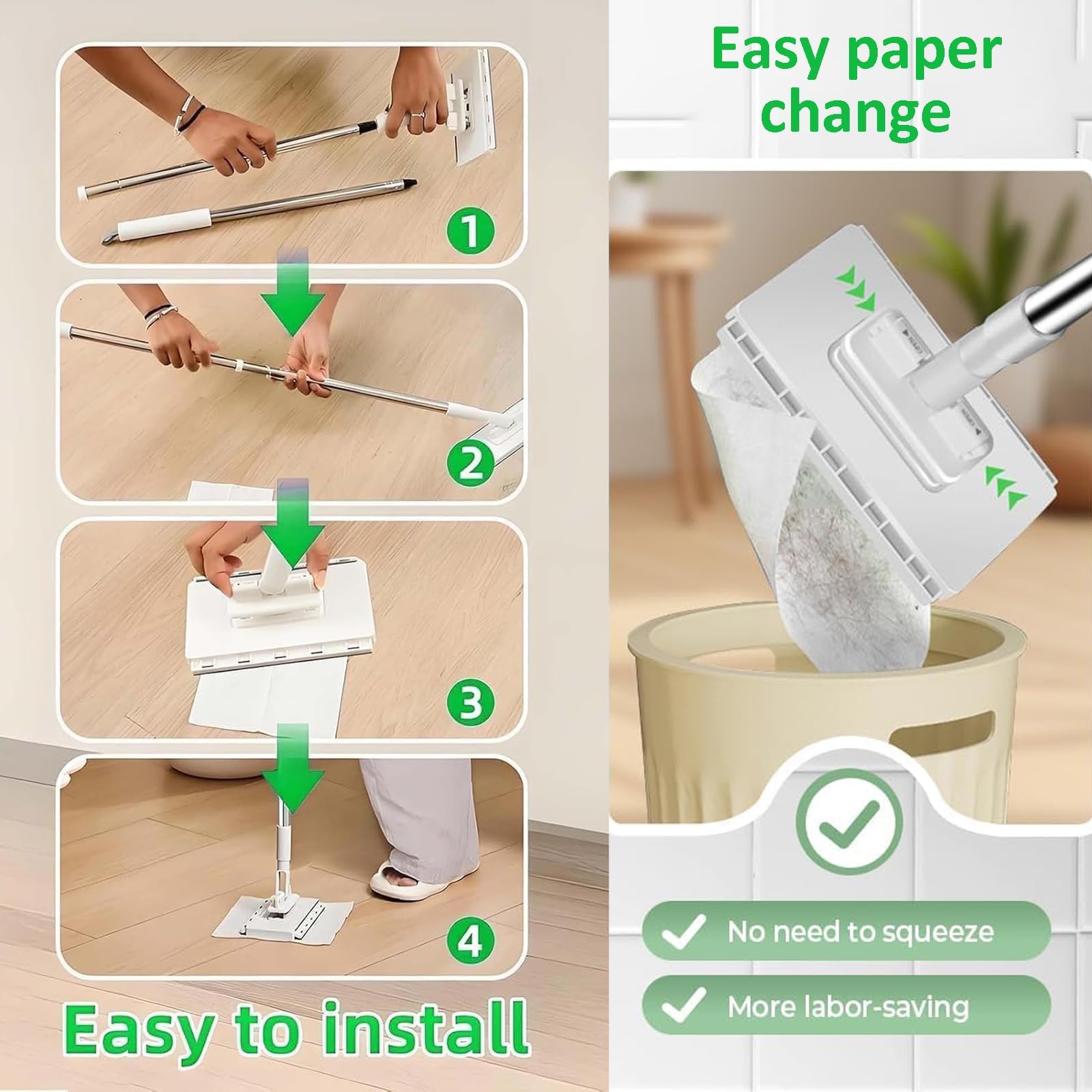 Sistema de fregona de polvo manos libres con 4 paños reutilizables, mini fregona compatible, cabezal giratorio de 360° para una limpieza eficiente del suelo, pared, baño y cocina