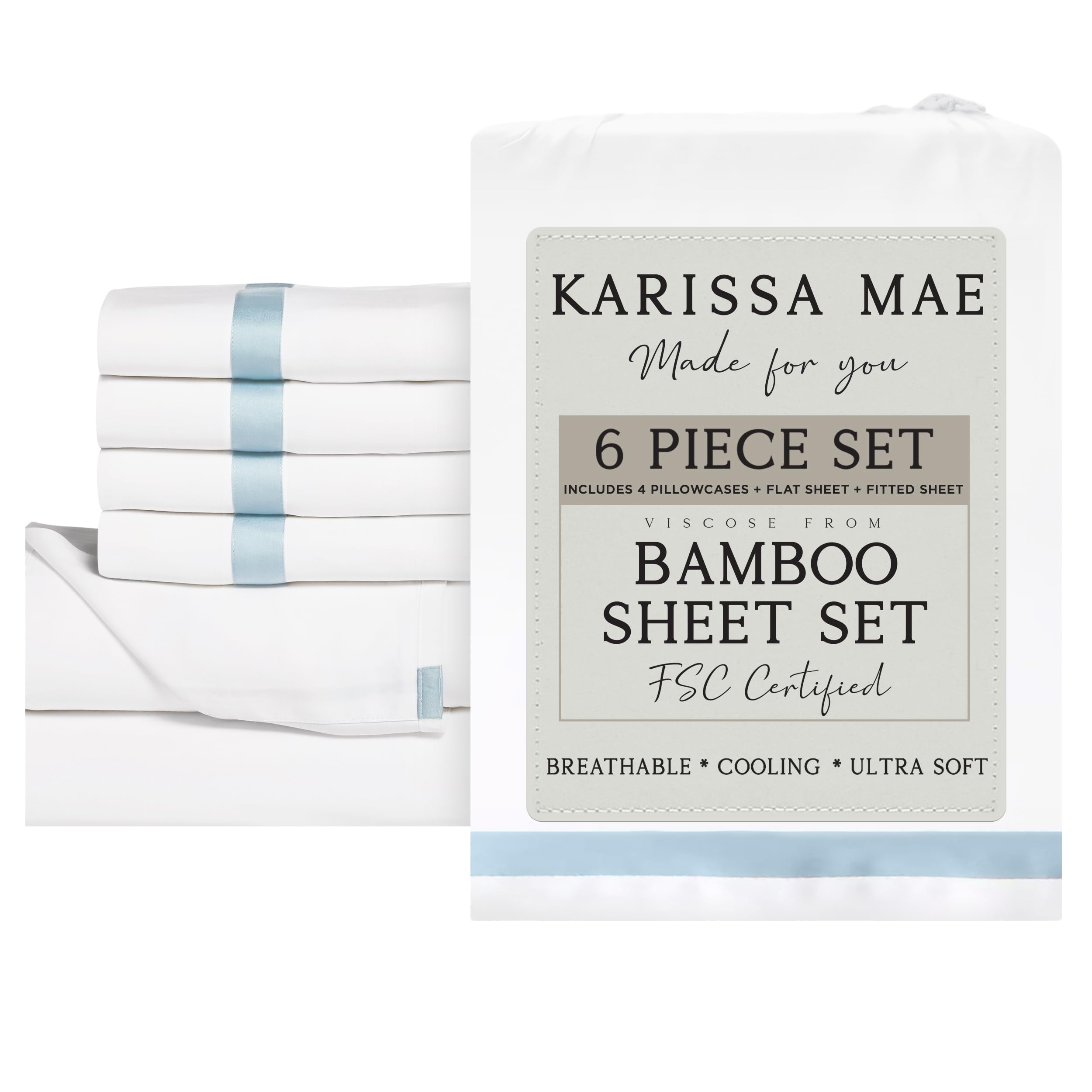 KARISSA MAE 6 Piece Luxury Bamboo Viscose Queen Sheet Set, 4 Pillowcases