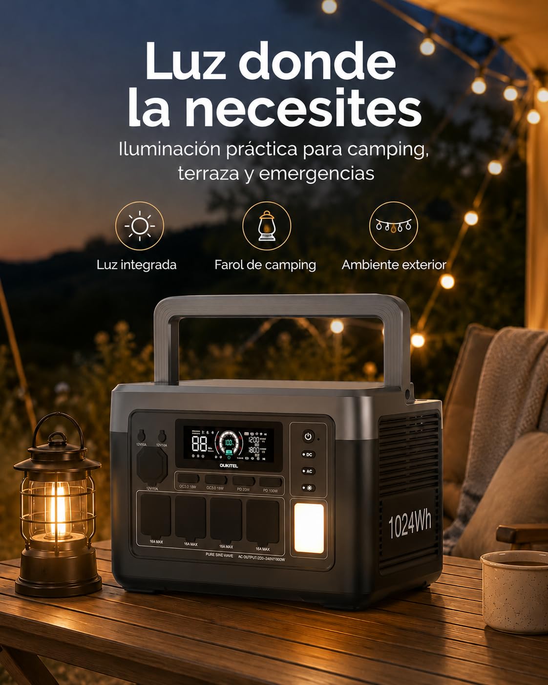 Oukitel P1000PLUS Estación de Energía Portátil 1024Wh 1800W, Batería LiFePO4, Energía de Respaldo para Hogar, SAI 10ms, Control por App, para Autocaravana y Camping