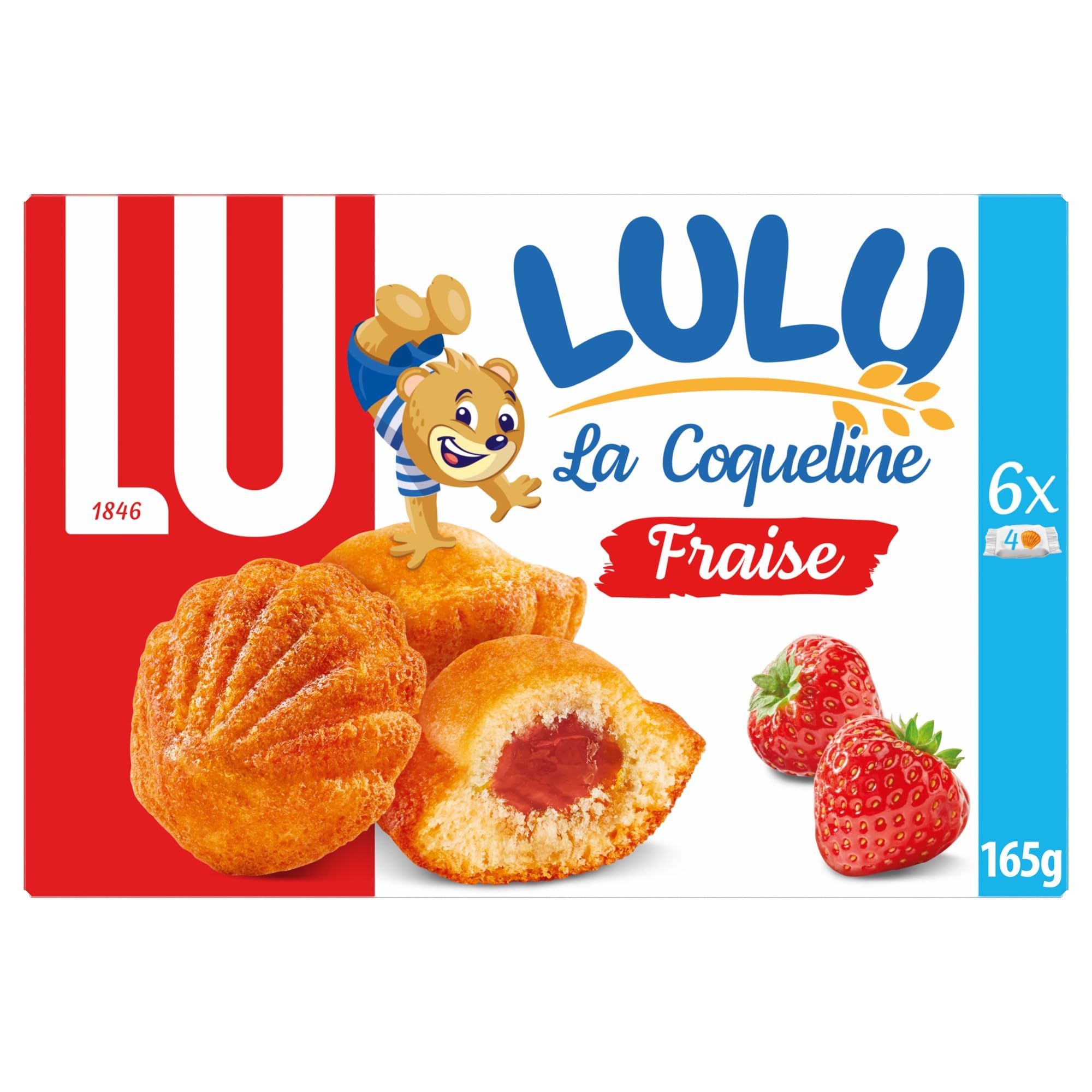 LU - LULU La Coqueline Fraise - 4 Boîtes de 6 sachets de 4 Gâteaux Lulu La Coqueline à la Fraise - Gâteau Moelleux Fourré à la Fraise - Idéal à Emporter pour le Goûter des Enfants - Lot de 4x165g