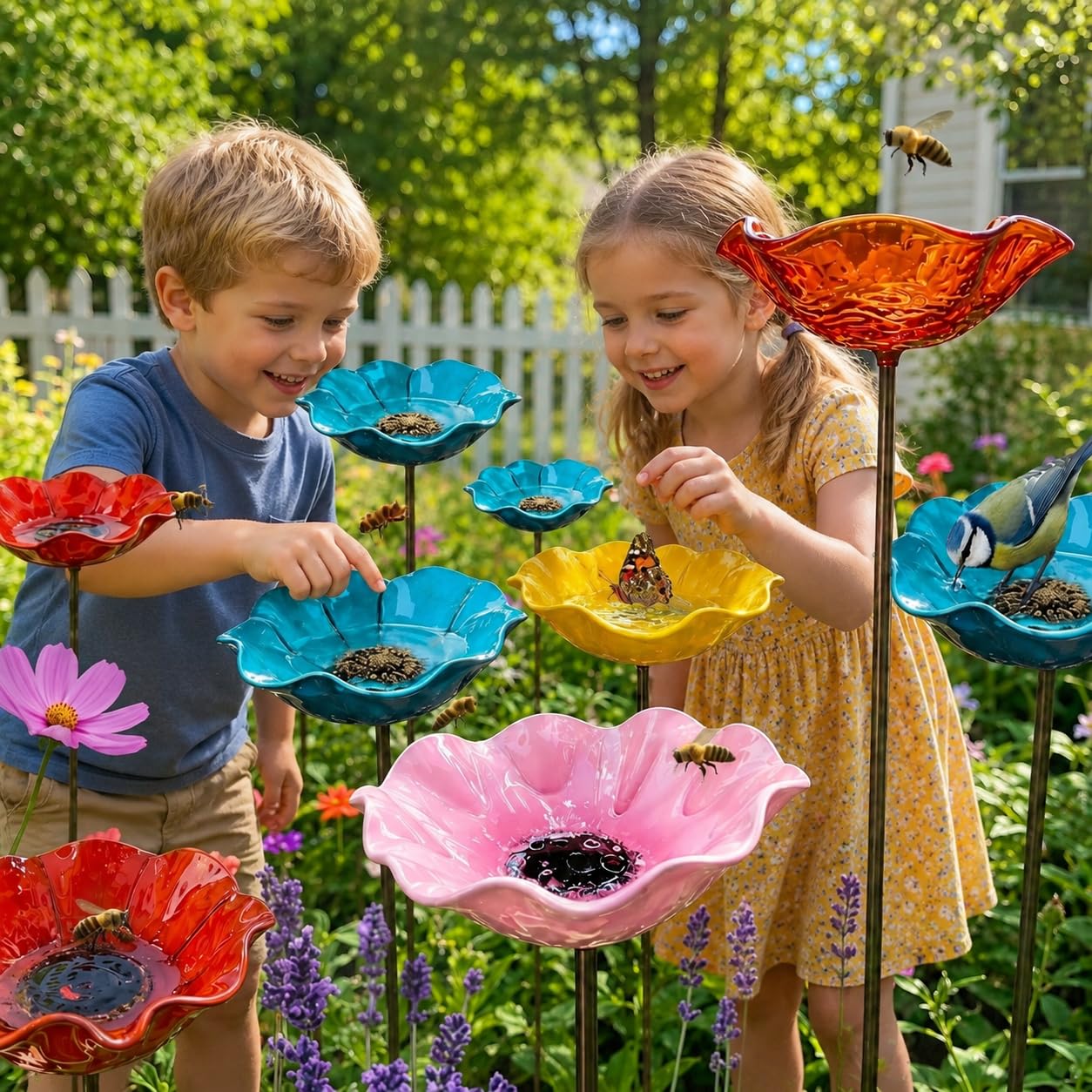 Bain d'oiseaux,Abreuvoir pour Oiseaux d'Extérieur Forme de Fleur,Mangeoire Oiseaux d'Extérieur avec Socle,pour Oiseaux et Abeilles,Piquet métallique,Alimentation et Abri pour Oisea (Rouge,Jaune,Bleu)