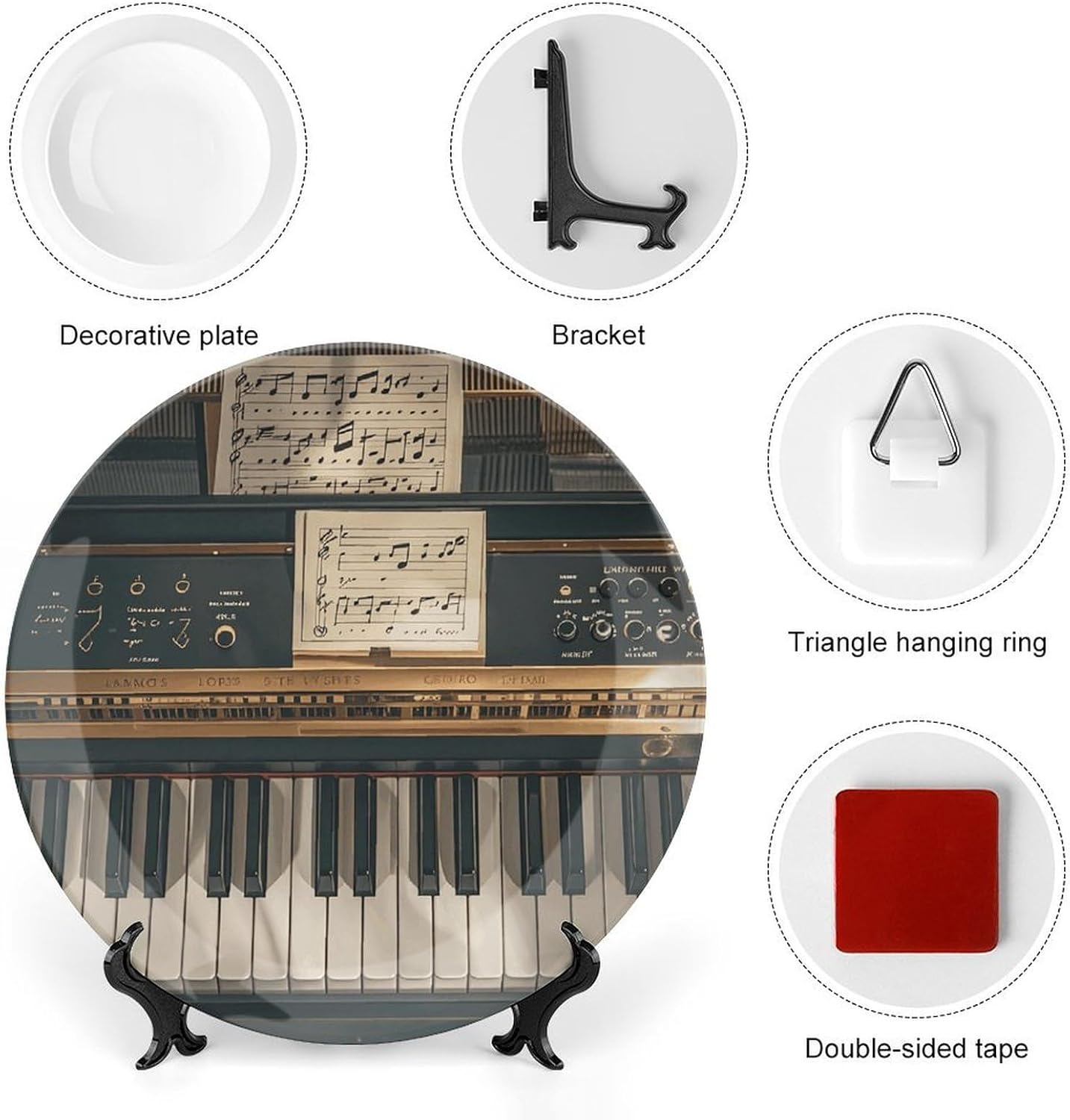 Music Note Piano Ceramic Plate 10inch Decorative Bone China Wall Hanging Ornament Plates Bohemian Style Dinner Plate with Display Stand Cabinet Display Plates for Home Art Decor