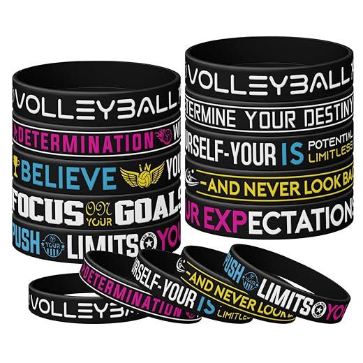 Volleyball Silicone Wristbands Birthday Party Inspirational Silicone Wristbands, Volleyball Motivational Sports Quotes, Unisex Volleyball Party Gifts Jewelry Accessories for Boys | Girls (12 Pieces)