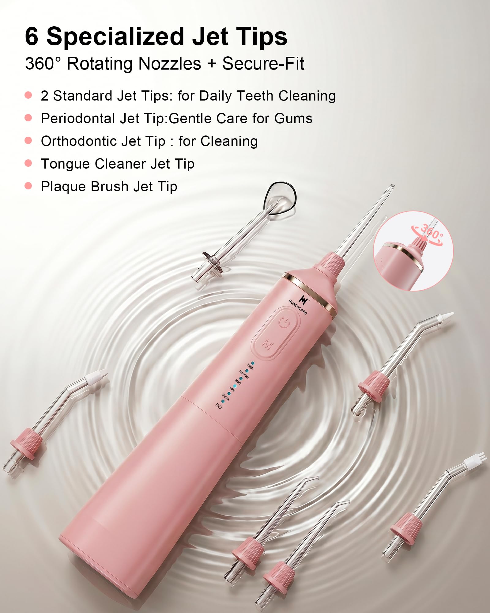 HUACO CARE Irrigador bucal de agua mejorado de 300 ml, 5 modos de irrigador bucal profesional inalámbrico, limpiador dental de agua de pulso de alta presión para el hogar y viajes, elimina la placa