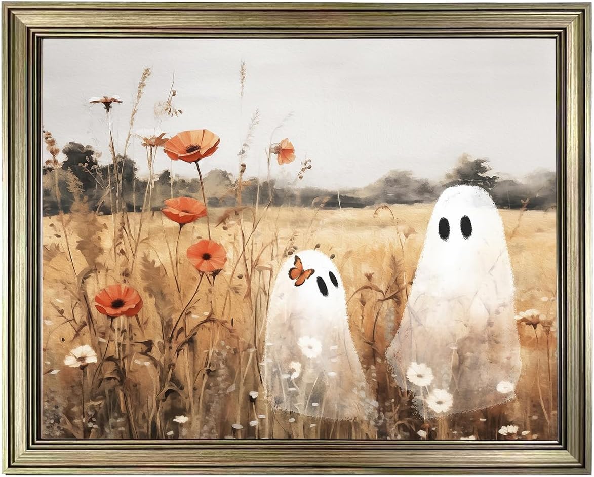 Ghost Painting Framed Halloween Wall Art Vintage Halloween Decor Cute Ghosts In Wildflower Meadow Print Picture Room Decor