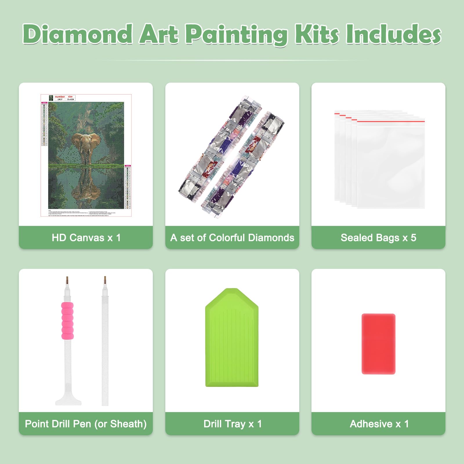 EKKONG 2 Pezzi 5D Diamond Painting Kit Completo, Pittura Diamante Fai da TePrincipiante Artigianato per la Decorazione della Parete di Casa (Elefante, 30 * 30cm+40 * 30cm