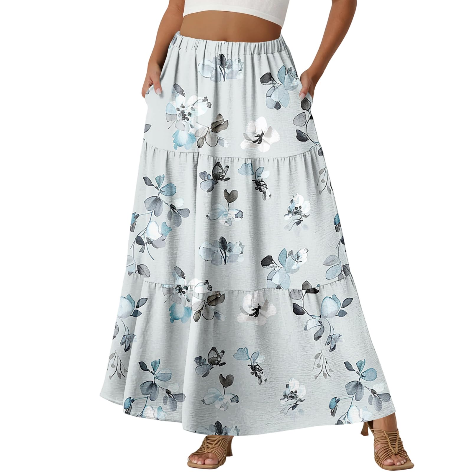 Womens Printed Midi Skirt Elastic High Waist 2026 Trendy A-Line Boho Flowly Swing Skirts for Women with Pockets