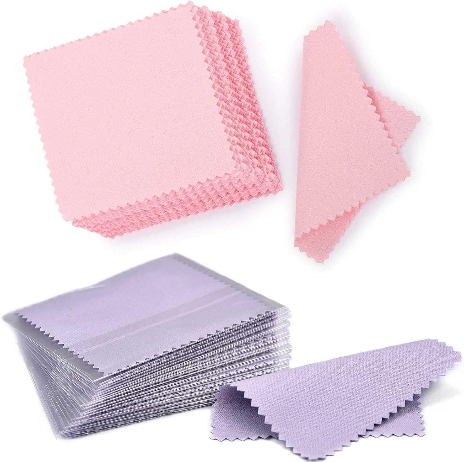 SEVENWELL 50pcs Pink Jewelry Cleaning Cloth and 50pcs Purple Polishing Cloth for Sterling Silver Gold Platinum Small Polish Cloth 8x8cm