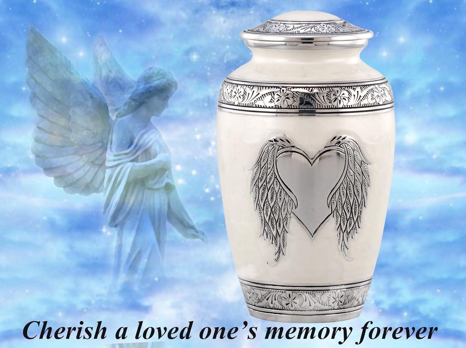 Angel Wings Urn - Loving Angel Wings & Heart Cremation Urn - Beautifully Handcrafted Adult Urns for Men and Women - Full Size Funeral and Memorial Urns for Human Ashes with Velvet Bag (Pearl White)