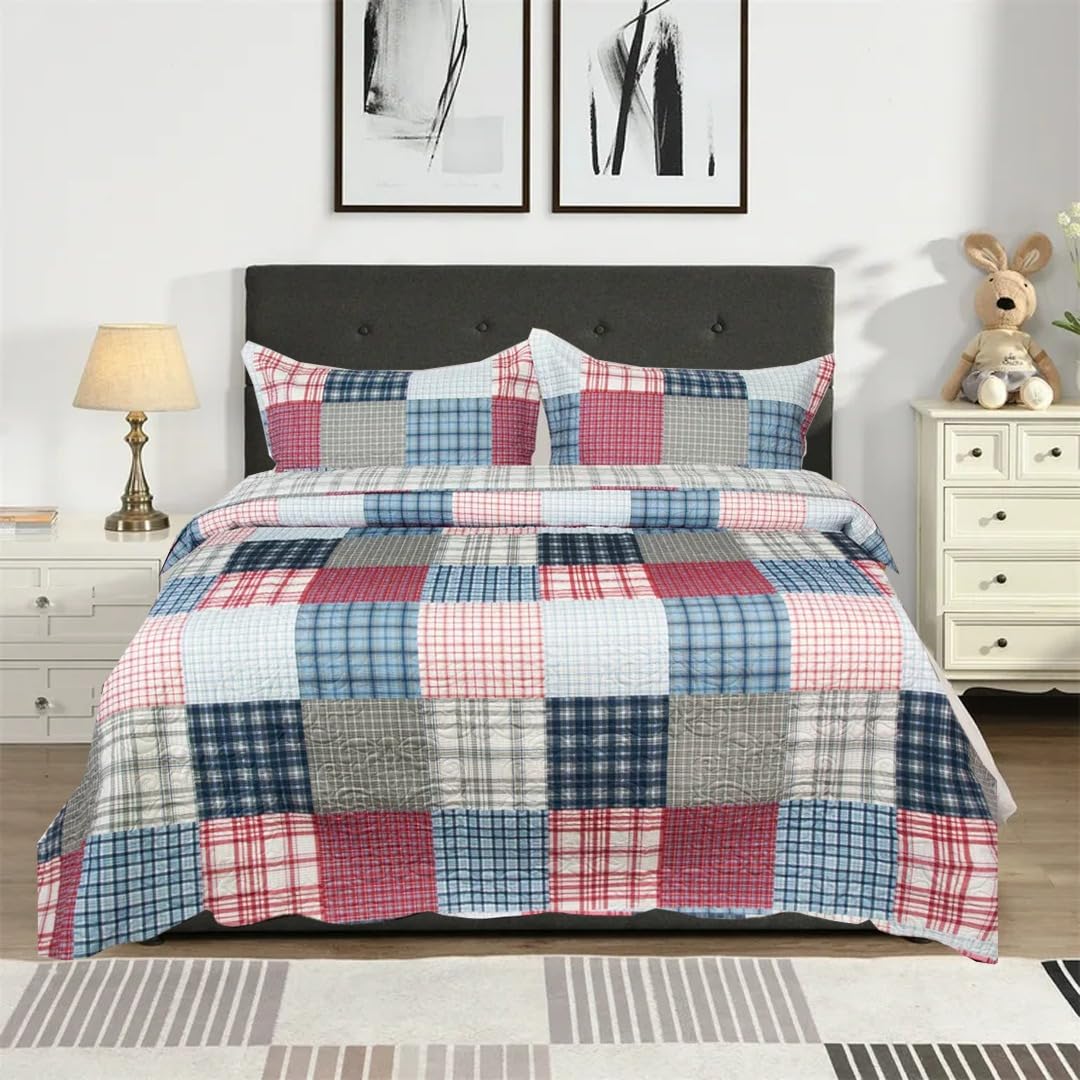 ZIYA HOMES Single Quilted Reversible Patchwork Bedspread Comforter Bed Throw with Pillow Sham Quilted Coverlet Bedding set Cotton Bedsheet Quilted Duvet Set Machine Washable
