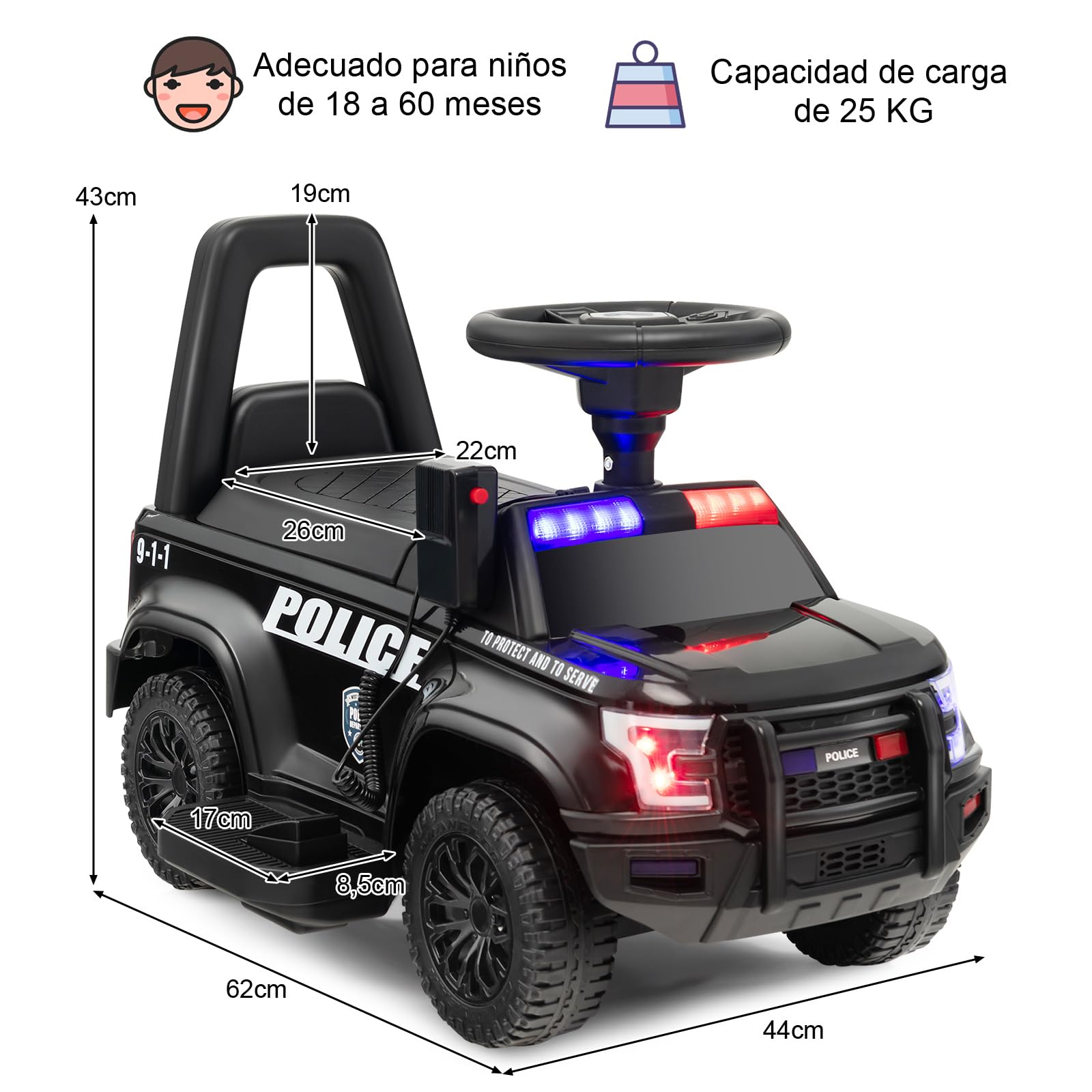 COSTWAY 6V Coche Electrico de Policía para Niños, Coche Batería para Niños con Megáfono Lateral, Bocina, Luz de Alarma y Sonido de Sirena, Reposapiés Ancho, Vehículo para 18-60 Meses (Negro)
