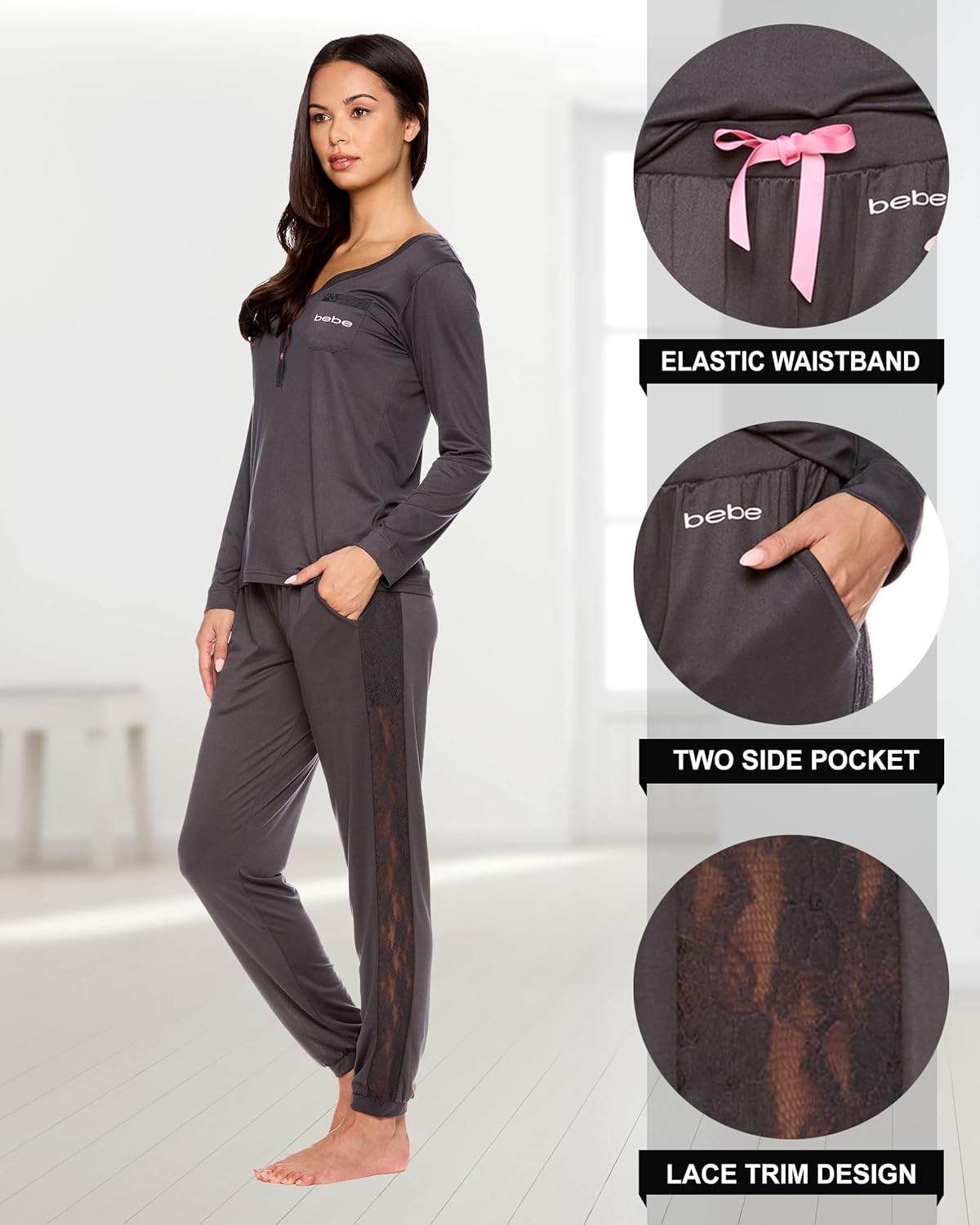 bebe Womens Pajama Set with Pockets - Long Sleeve Shirt and Pajama Pants Pj Set - Image 3