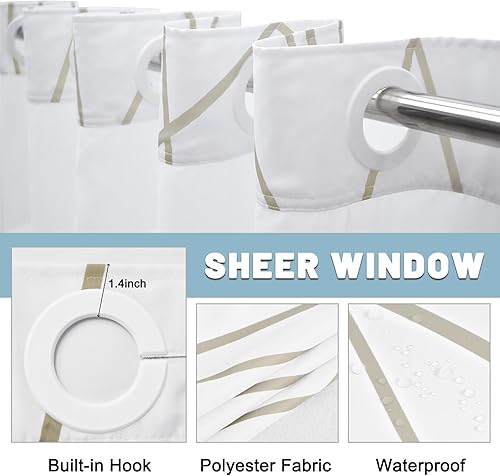 Miniatura 4 de Juego de cortina de ducha a rayas beige caqui sin gancho con forro de tela a presión, juego de cortina de ducha de hotel y forro con ventana