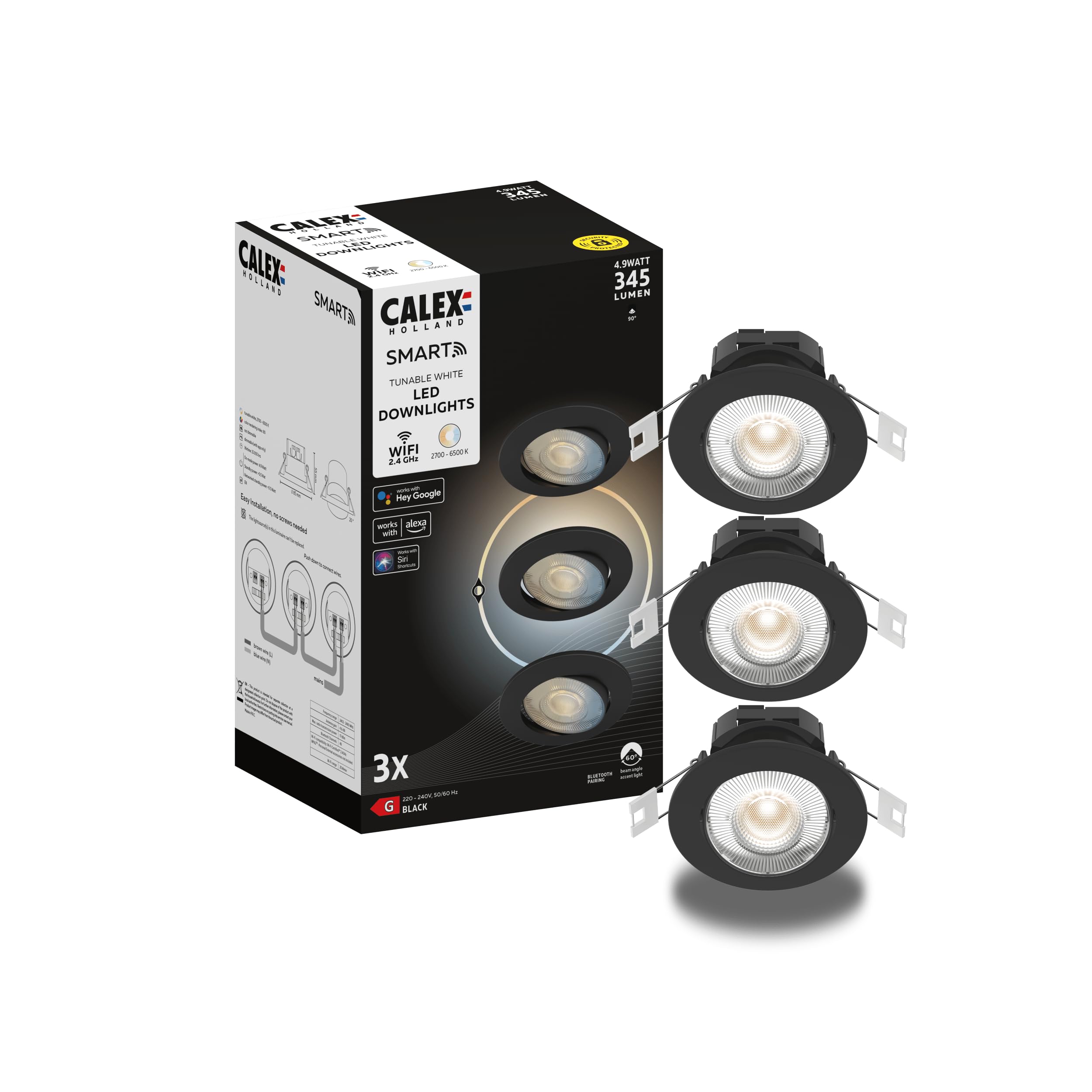Calex Black - Smart Led Downlight 3-Pack, Wifi Recessed Ceiling Spot Light, Cct, App And Works With Amazon Alexa And Google Home, Dimmable, 5W
