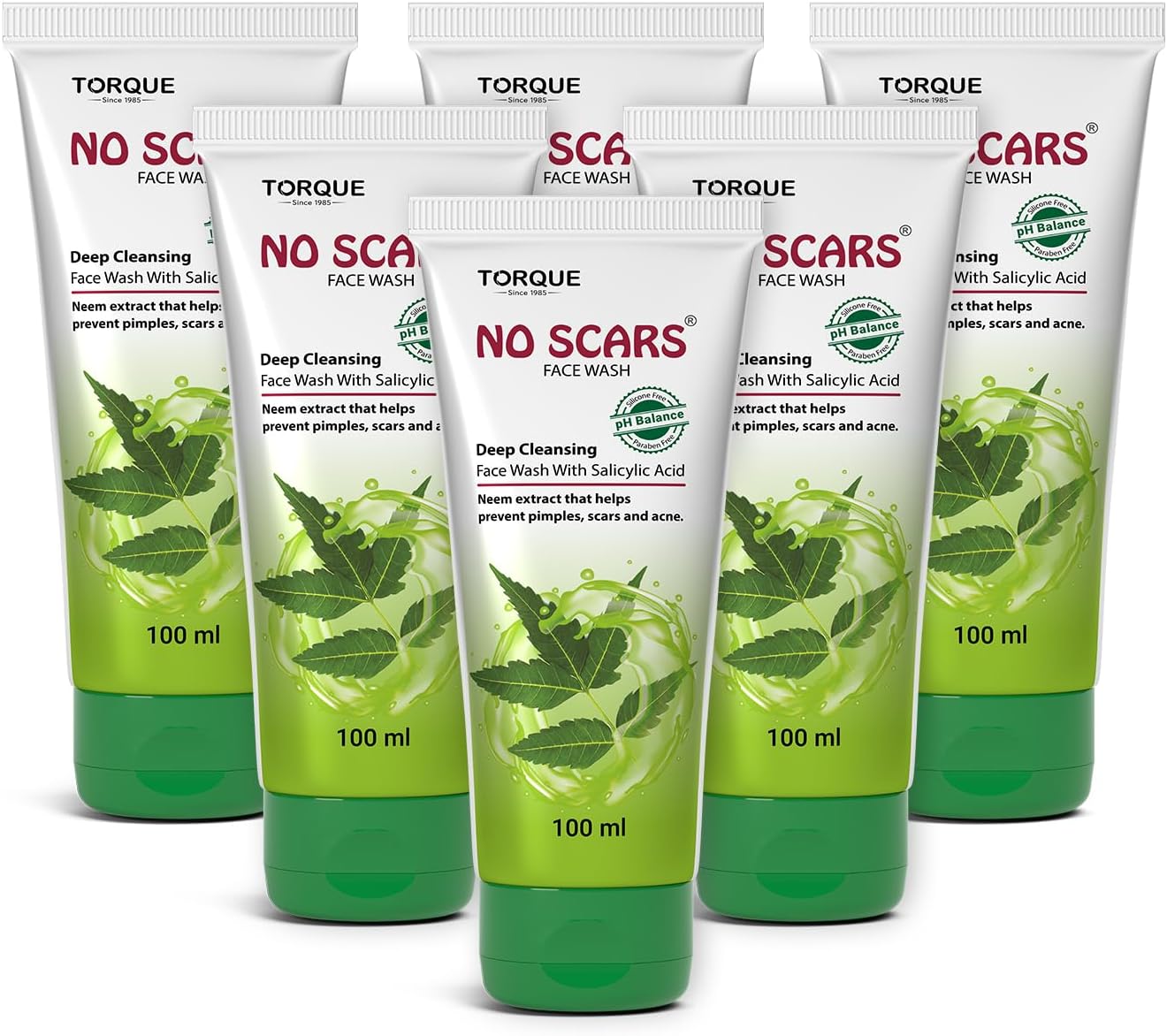 NO SCARS Cleansing Neem – Gentle & Hydrating Facial Cleanser for All Skin Types, Acne & Blemish Control, Natural Neem Extracts Face Wash 100 (Pack of 6)