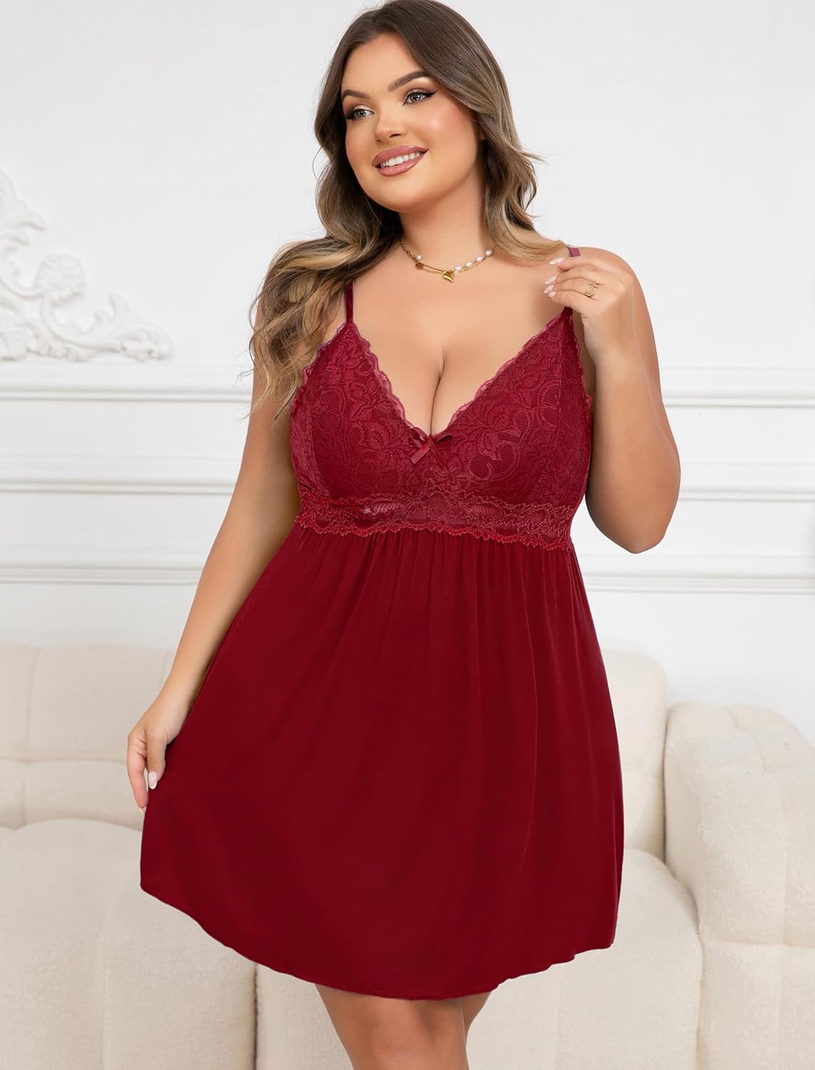 Lingerie for Women Lace Modal Chemises Nightgown V-Neck Full Slip Babydoll Sleepwear Plus Size - Image 2