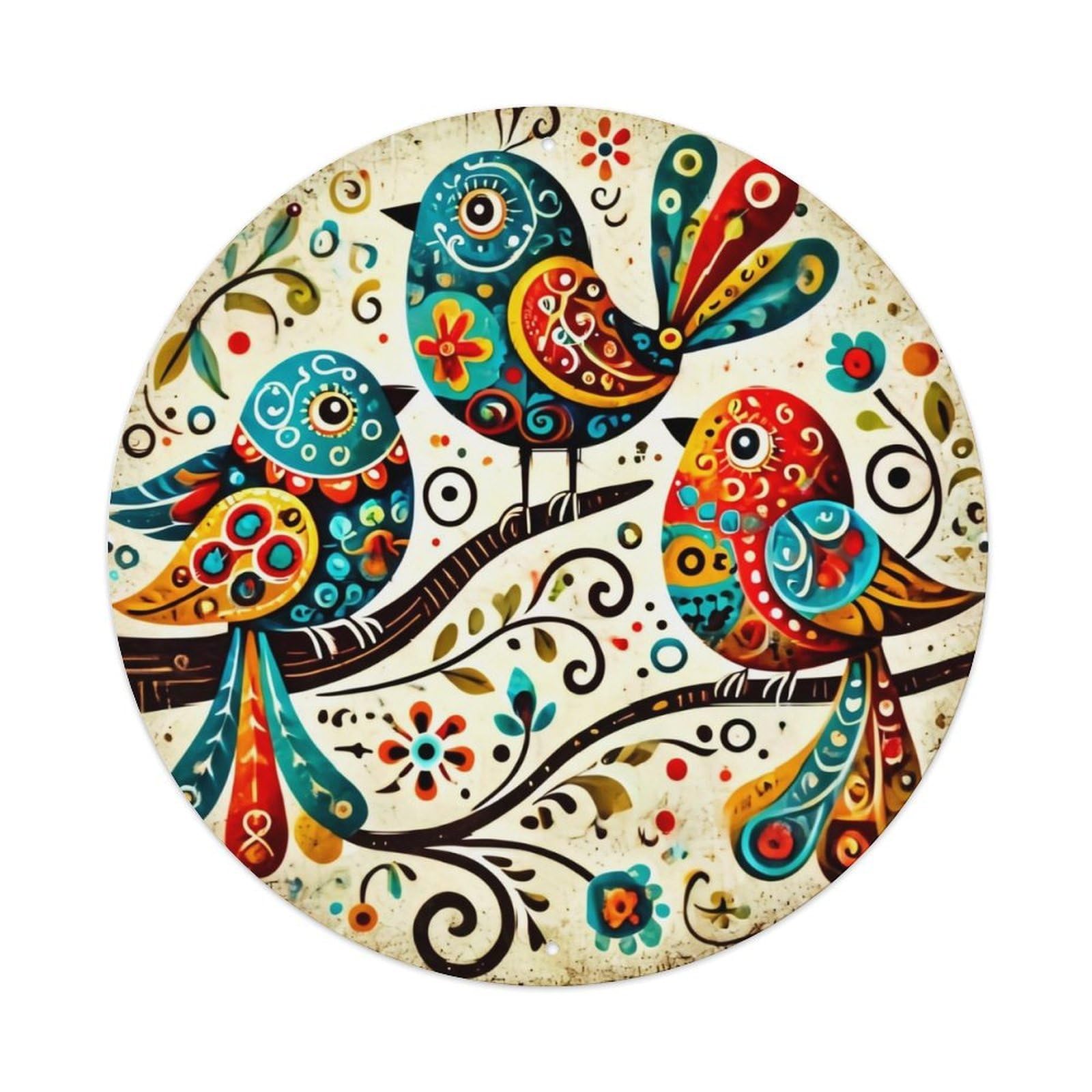 Colorful Folk Art Bird Pattern Vintage Metal Tin Sign Retro Wall Decor for Home Bar Garage Cafe, Indoor & Outdoor Decorative，circle Metal Poster, 8x8 Inch