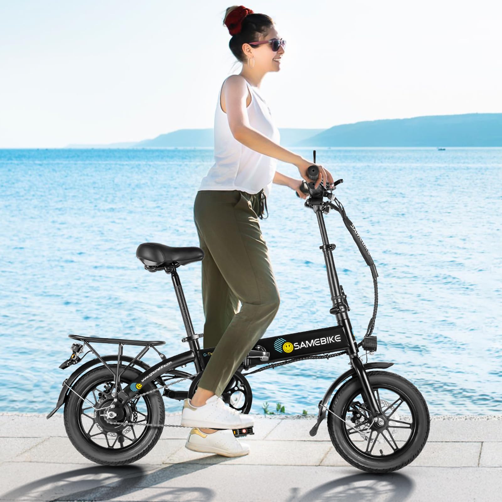SAMEBIKE Bici Elettrica 14", Batteria al Litio 36V 7.8AH, Autonomia 60KM, E-bike Piegevole con Display LCD, Doppi Freni a Disco, Motore 250W per Pendolari Urbani, Leggera e Portatile