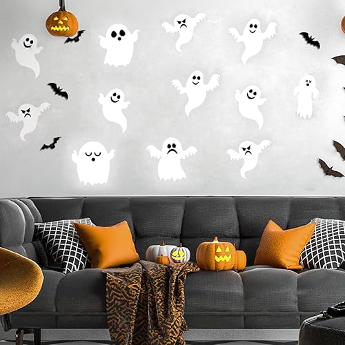 Miniatura 3 de Decoración de pared de fantasma de Halloween, 21 piezas de calcomanías de fantasmas 3D, decoraciones de Halloween, reutilizables, autoadhesivas,