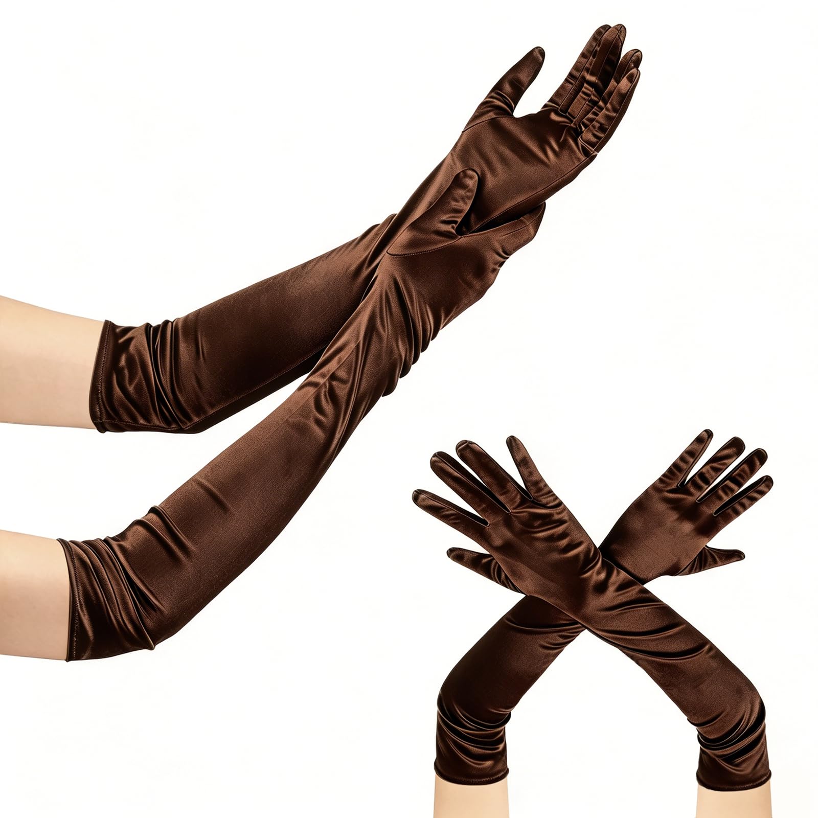 ztowoto Elegant Black Long Gloves Satin Gloves - Finger Long Gloves For Women, Stretchy Opera Gloves 1920s Style，Evening Gloves For Party Dance Wedding Prom（Brown）