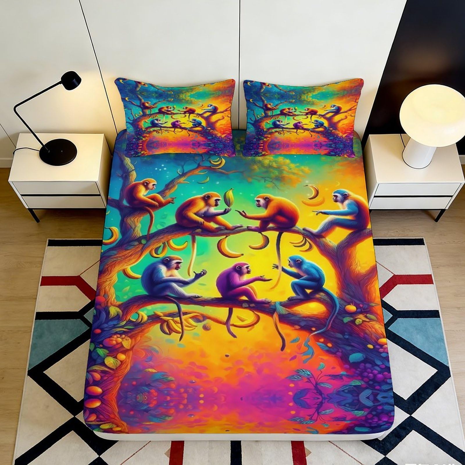 Pnayamiorkfel Style-5 3D Printed Vibrant Monkey Tree Fitted Sheet Microfiber Colourful Art Mattress Cover For Bedroom Dorm Protection Decor 90X200x25cm