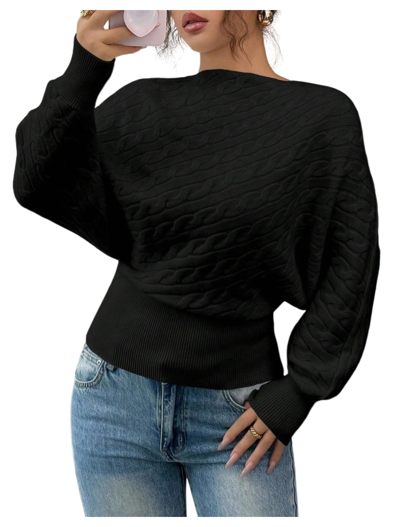 Verdusa Womens Cable Knit Sweaters Cinched Waist Tops Pullover Sweater Elegant Spring Fall Clothes