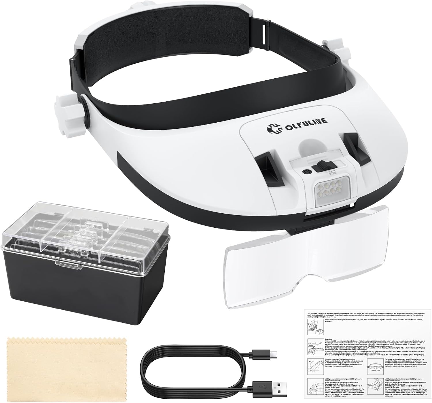 COLFULINE Head Magnifier with Light, Headband Magnifying Glass with 5 Interchangeable Lenses & 3 Color Modes, Hands-Free Magnifying Glass with USB Charging for Reading, Crafting, Close Work