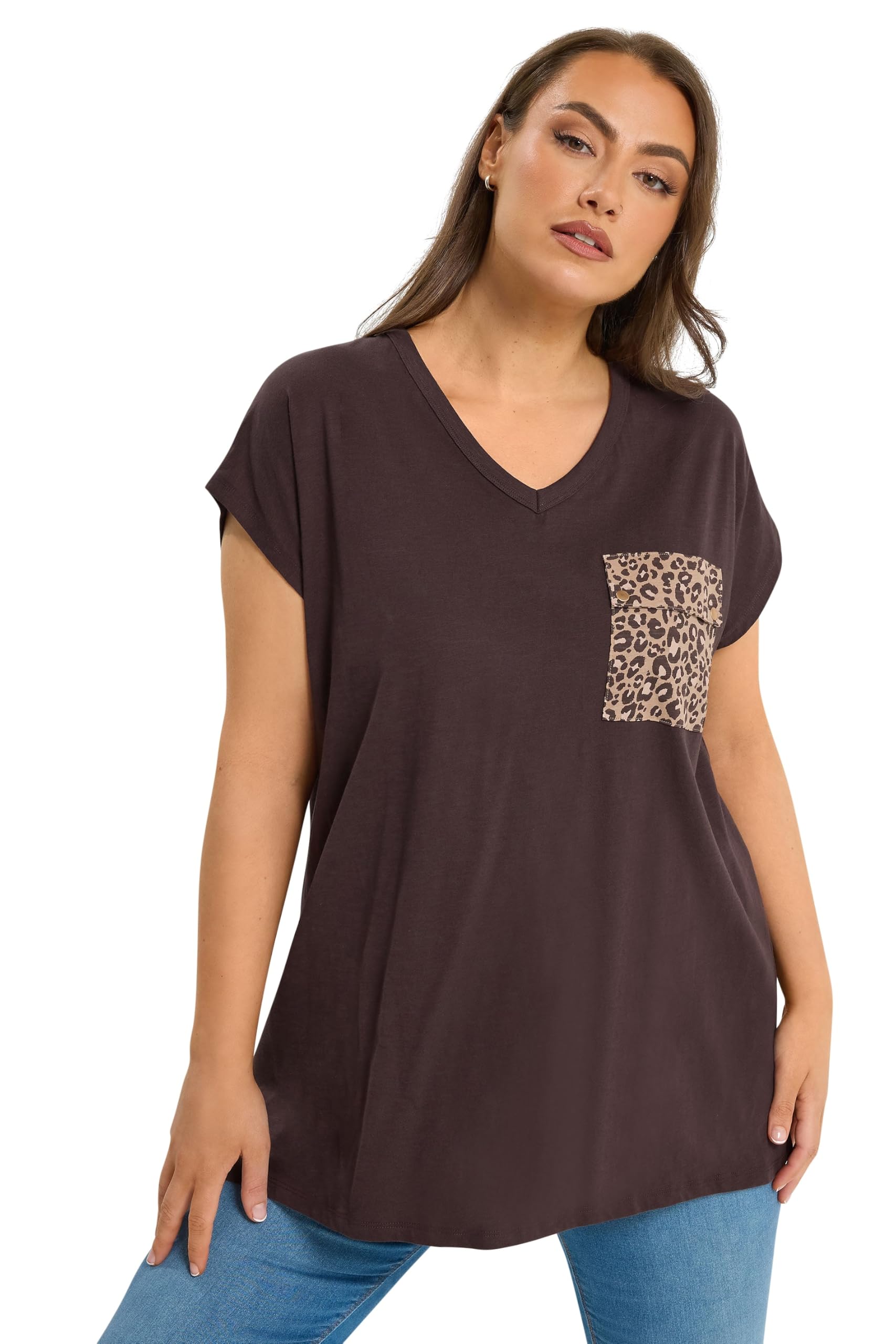 Yours Women's Brown Leopard Print Pocket T-Shirt In | Size: 22-24