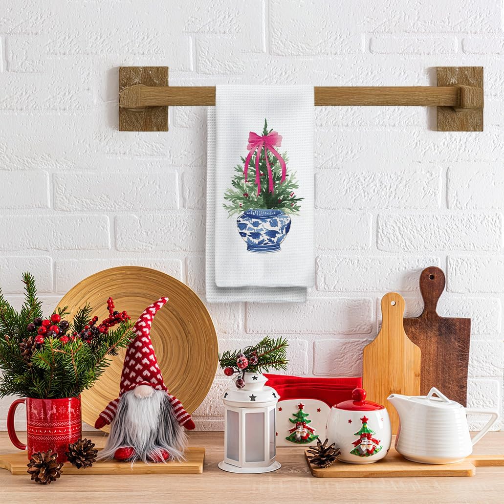 Tzhim Blue and White Chinoiserie Christmas Decor Kitchen Towels, Pink Bow Ribbon Christmas Tree Hand Towels, Grandmillennial ChristmasDecor Dish Towels Dishcloths Tea Towels for Kitchen, 16x24inch